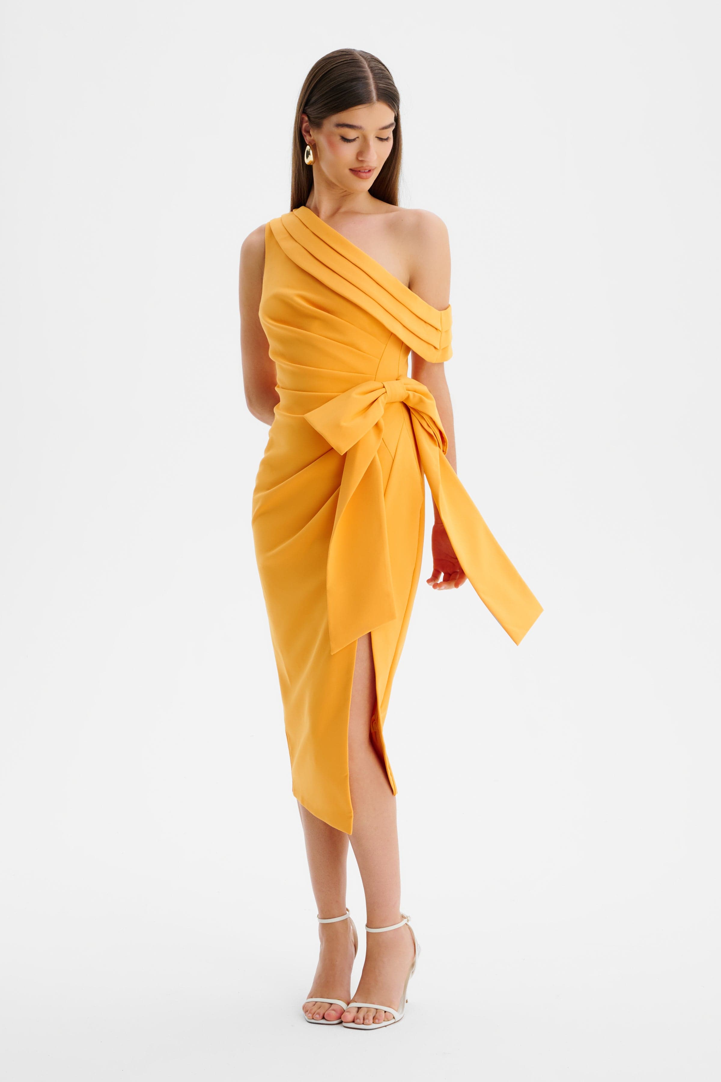 HONEY One Shoulder Pleated Bow Midi Dress in Orange