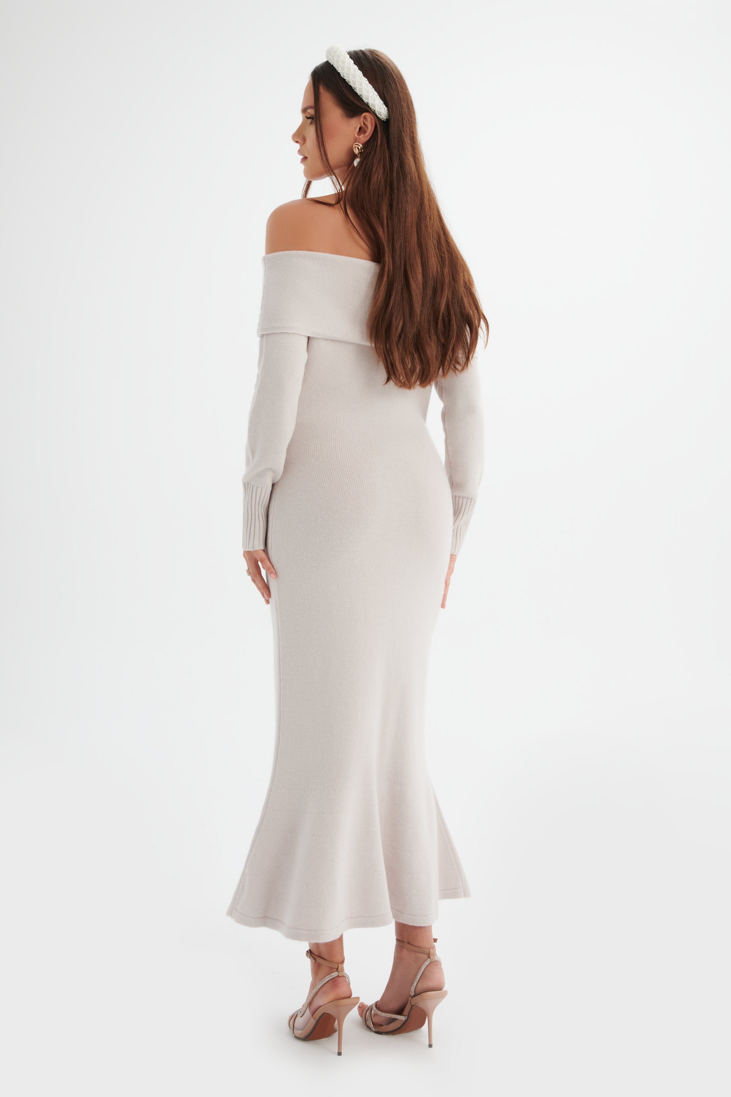 CLOVER Knitted Wool Bardot Midi Dress In Stone