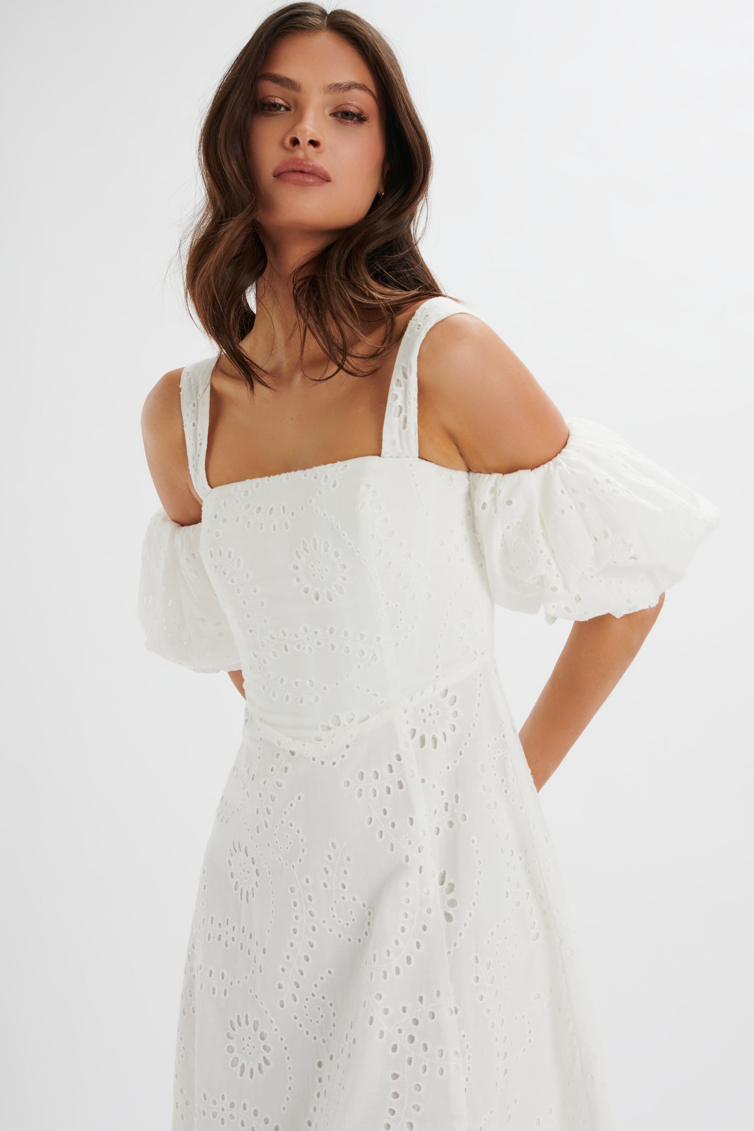 CHARLI Off Shoulder Broderie Midi Dress in White