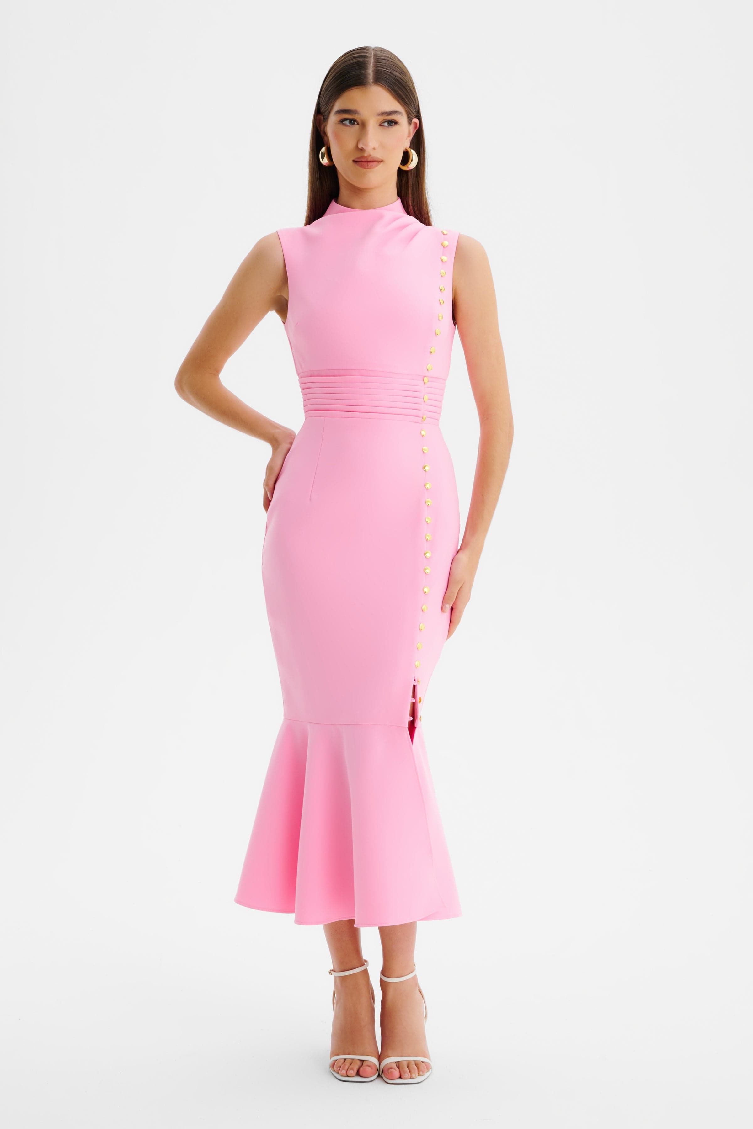 SAFFRON High Neck Micro Shell Button Midi Dress in Pink