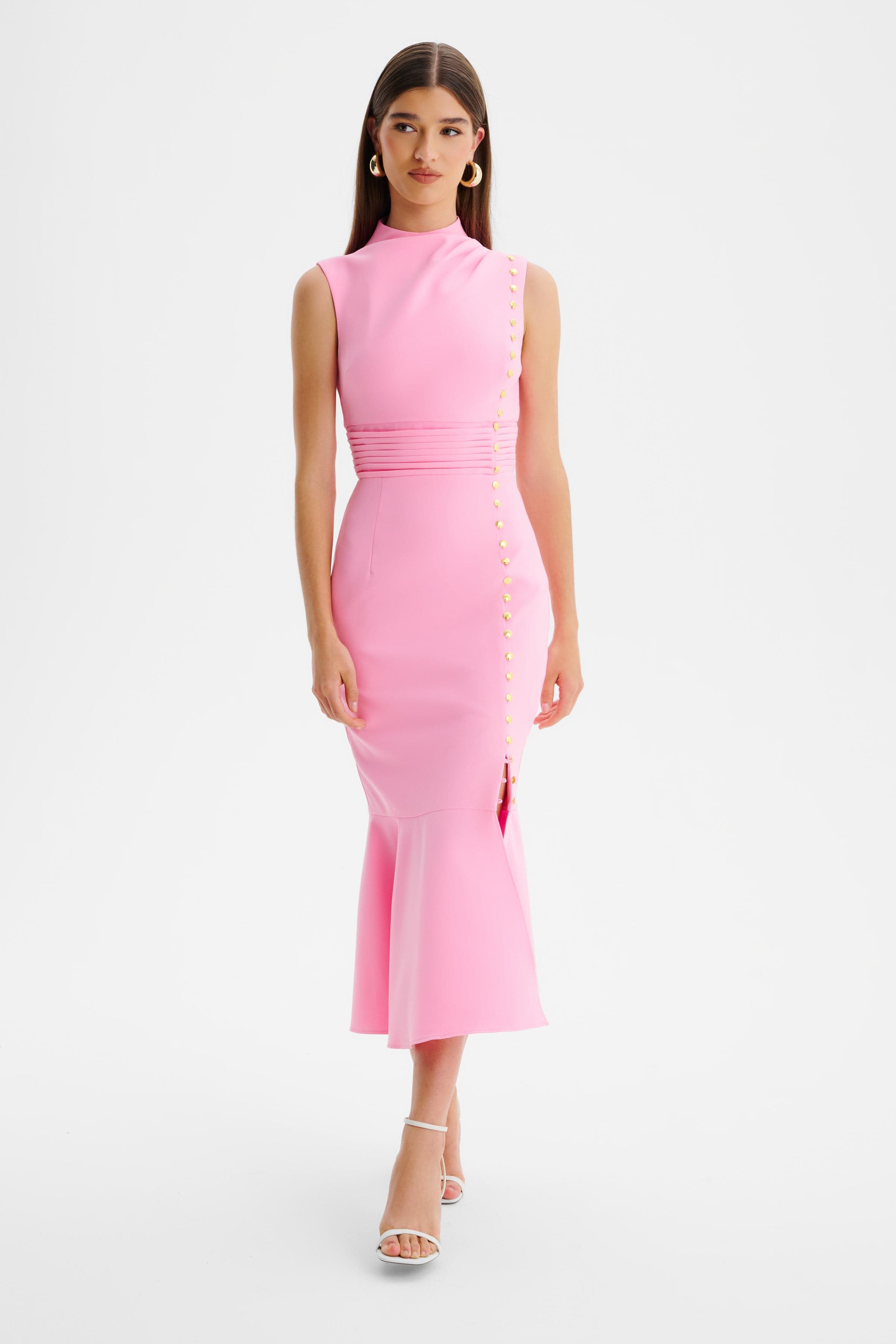 SAFFRON High Neck Micro Shell Button Midi Dress in Pink
