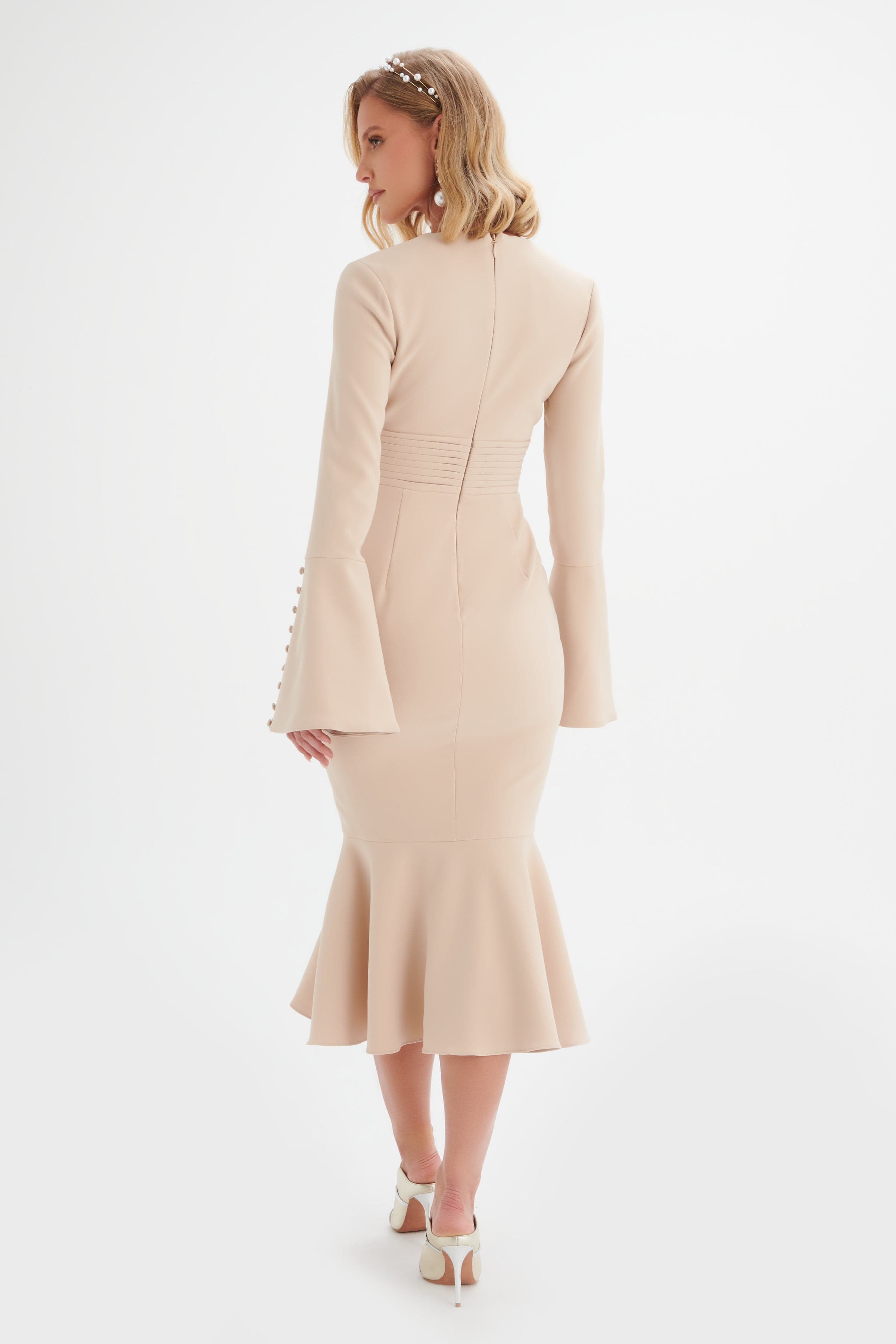 SALMA Fluted Sleeve Longline Fishtail Midi Dress In Beige