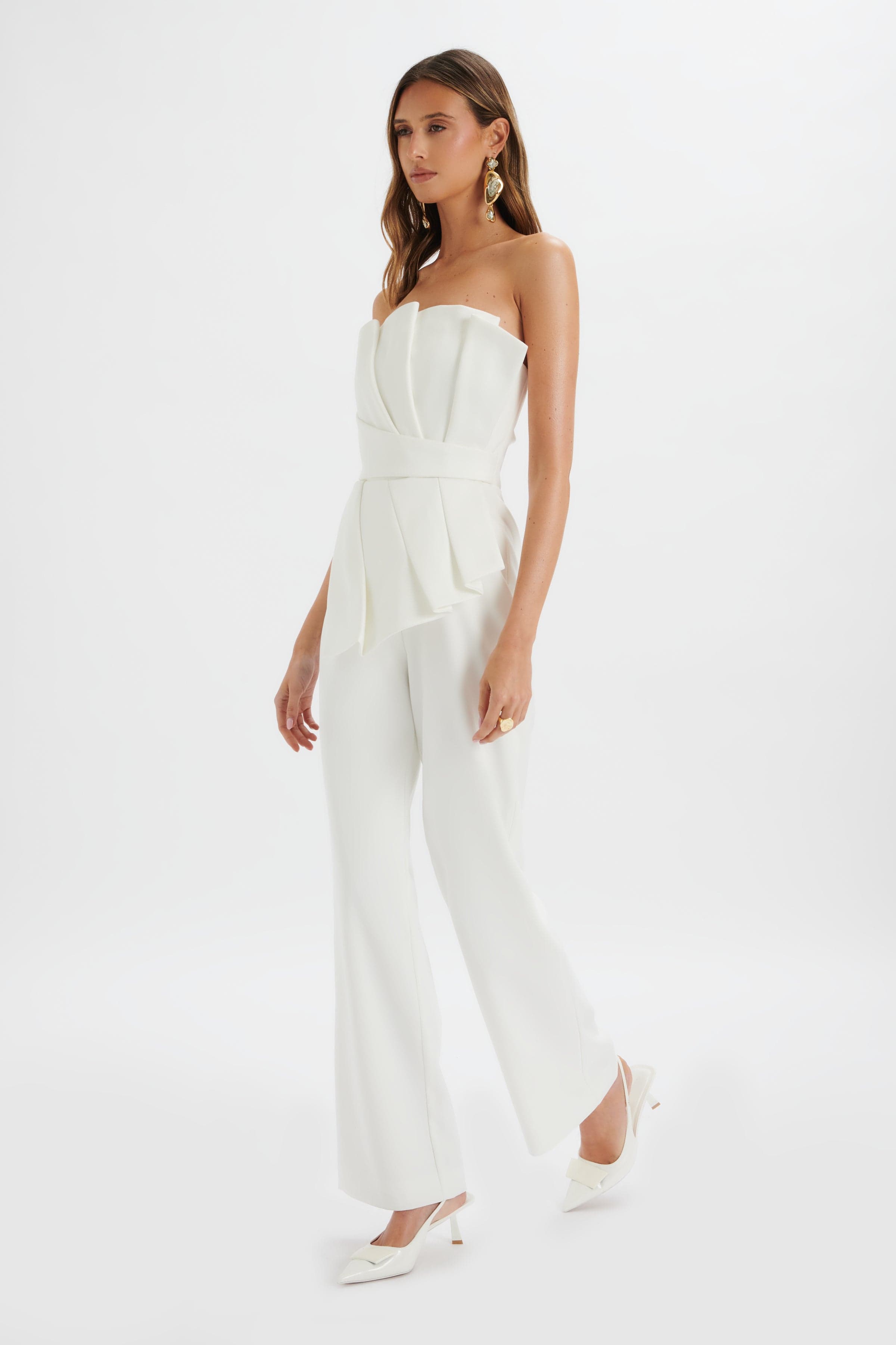 ELARA Asymmetric Pleated Frill Straight Leg Jumpsuit in White