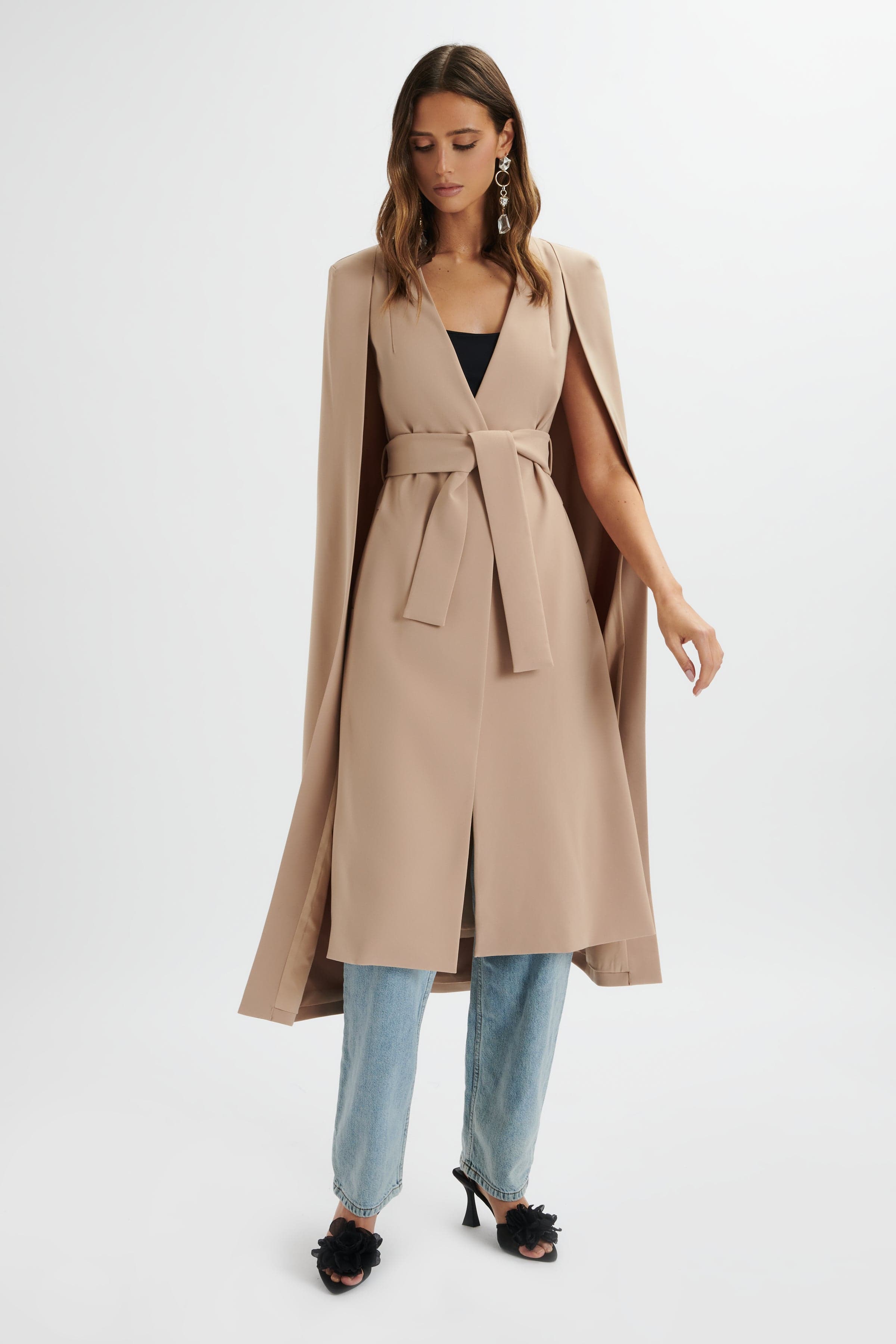ALEXIA Longline Belted Cape Blazer In Camel