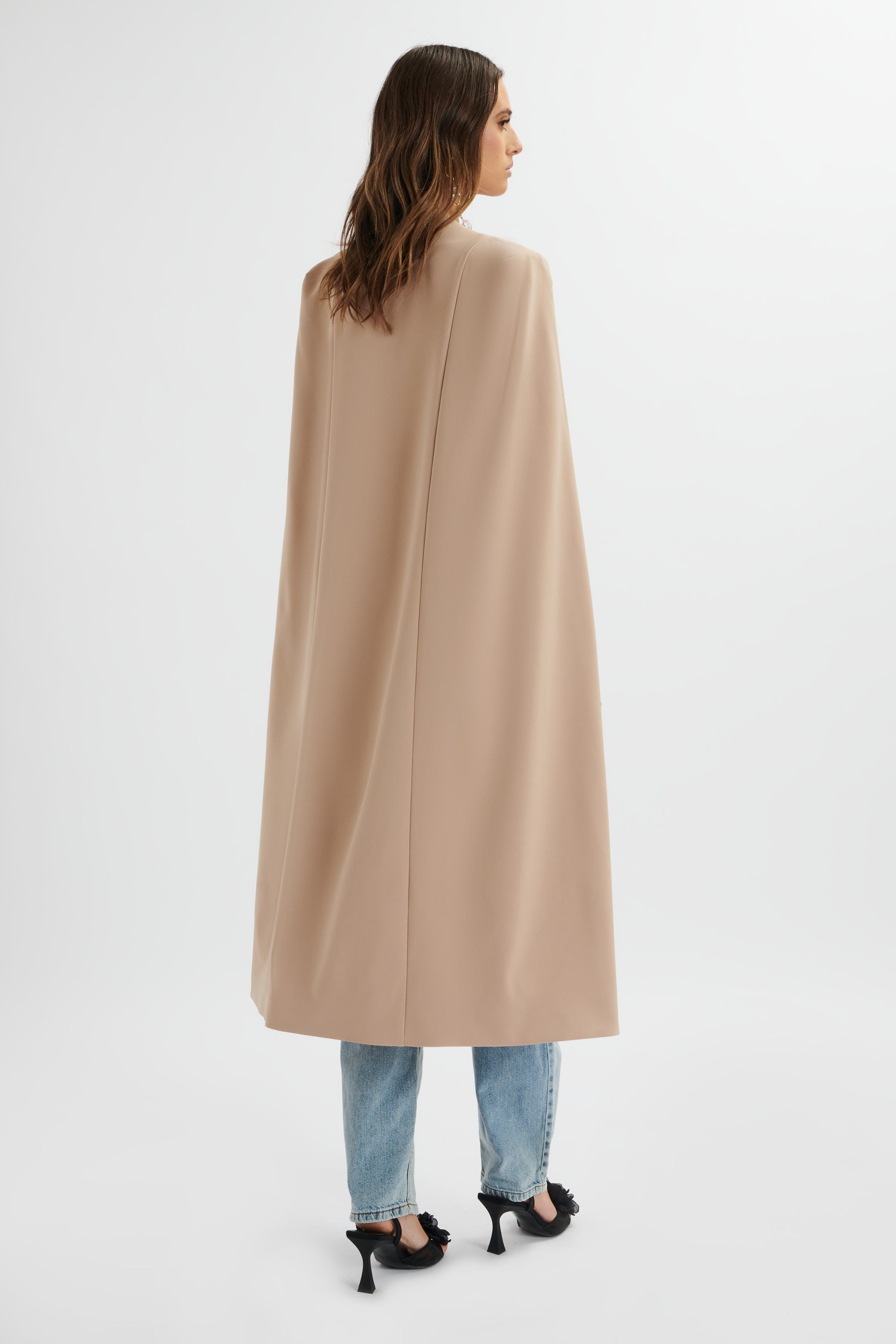 ALEXIA Longline Belted Cape Blazer In Camel