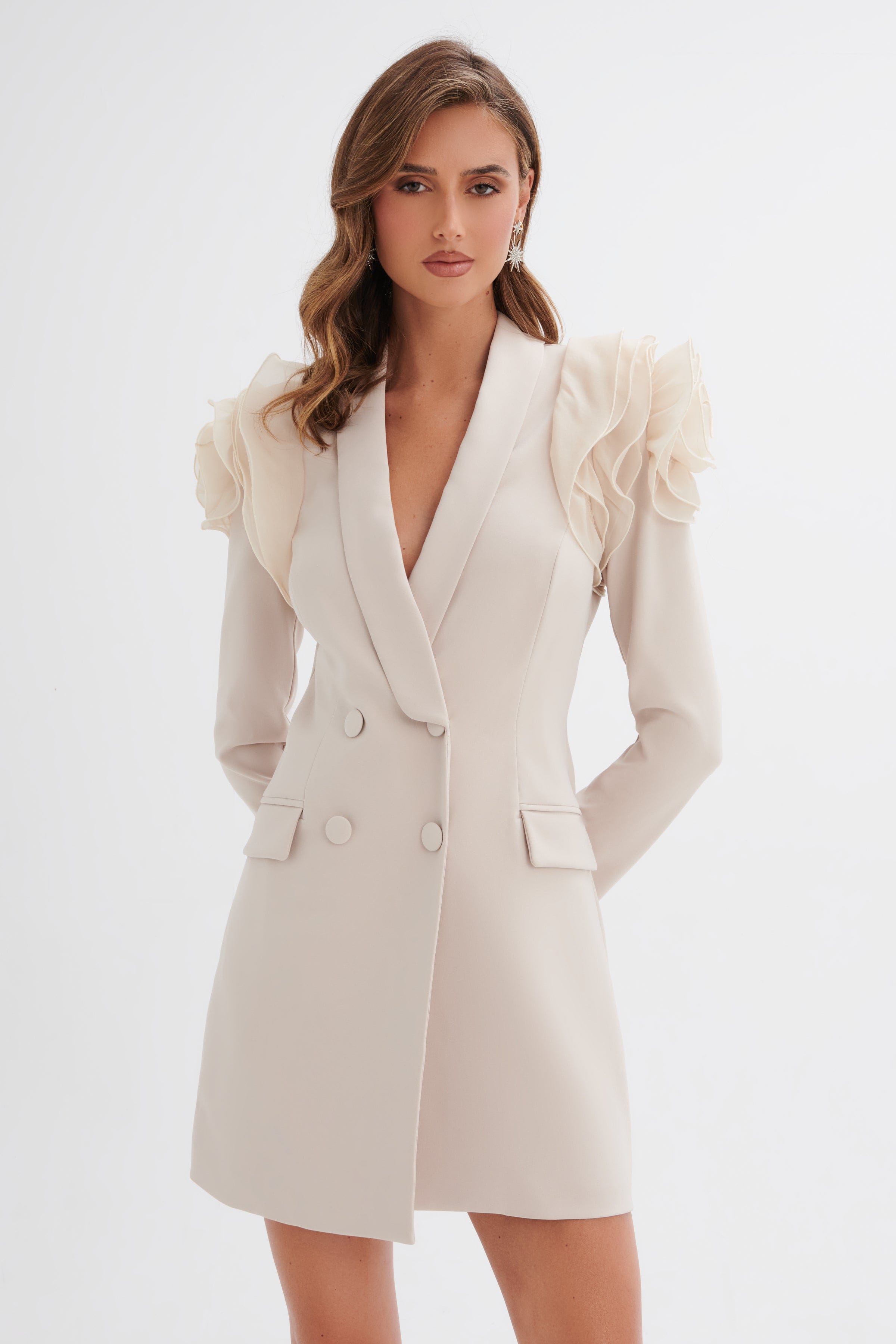 RIA Organza Rose Sleeve Blazer Mini Dress in Champagne