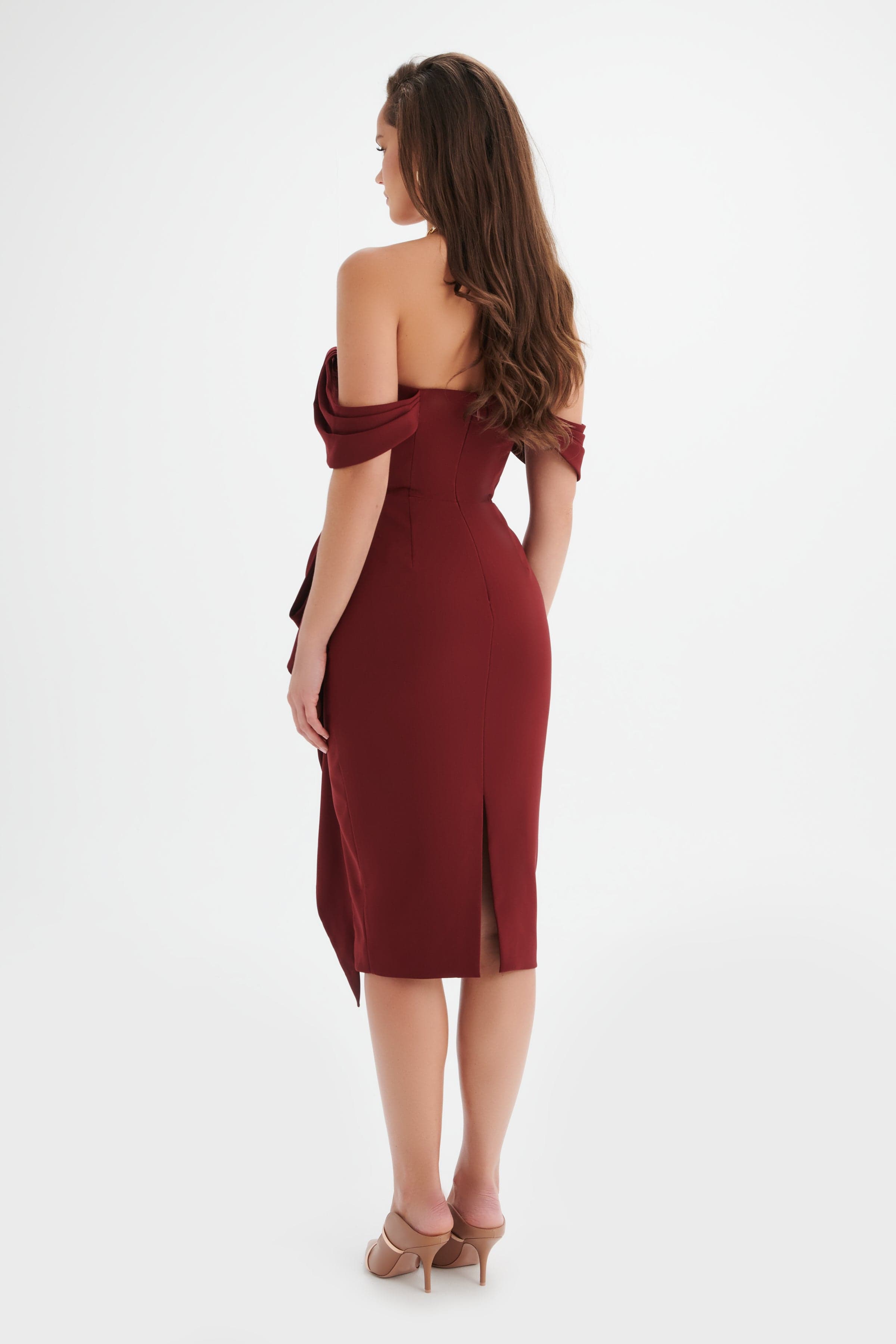 LORI Off Shoulder Bow Detail Midi Dress in Burgundy