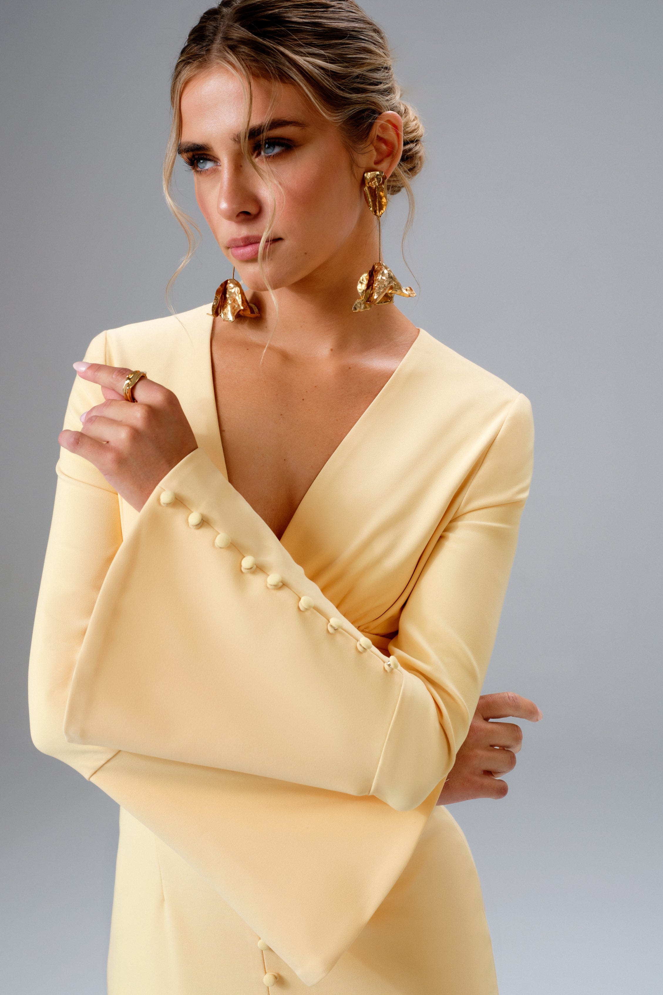 SALMA Fluted Sleeve Longline Fishtail Midi Dress In Yellow