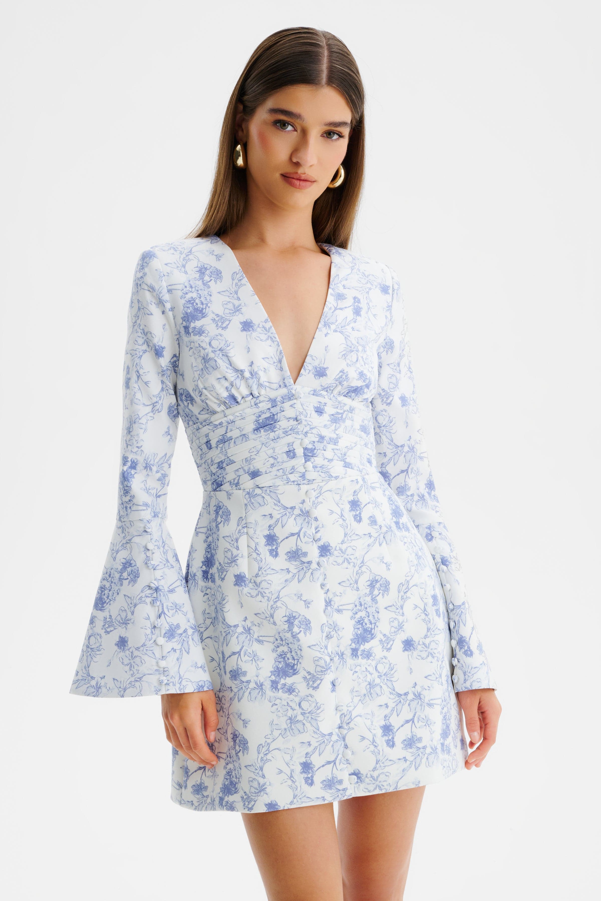 LARA Fluted Sleeve Micro Button Mini Dress in Blue Porcelain