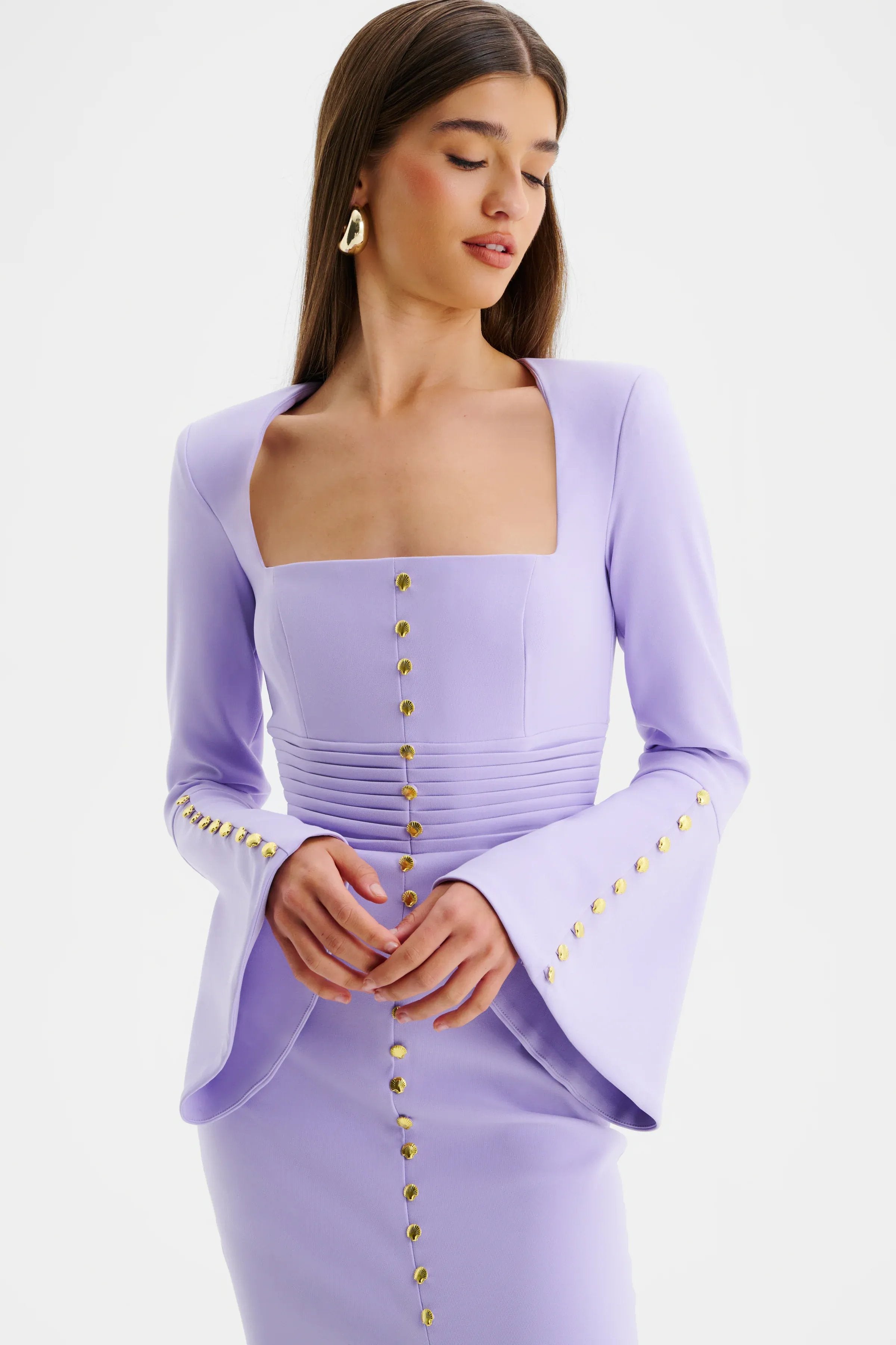 SERENA Fluted Sleeve Micro Shell Button Midi Dress in Purple