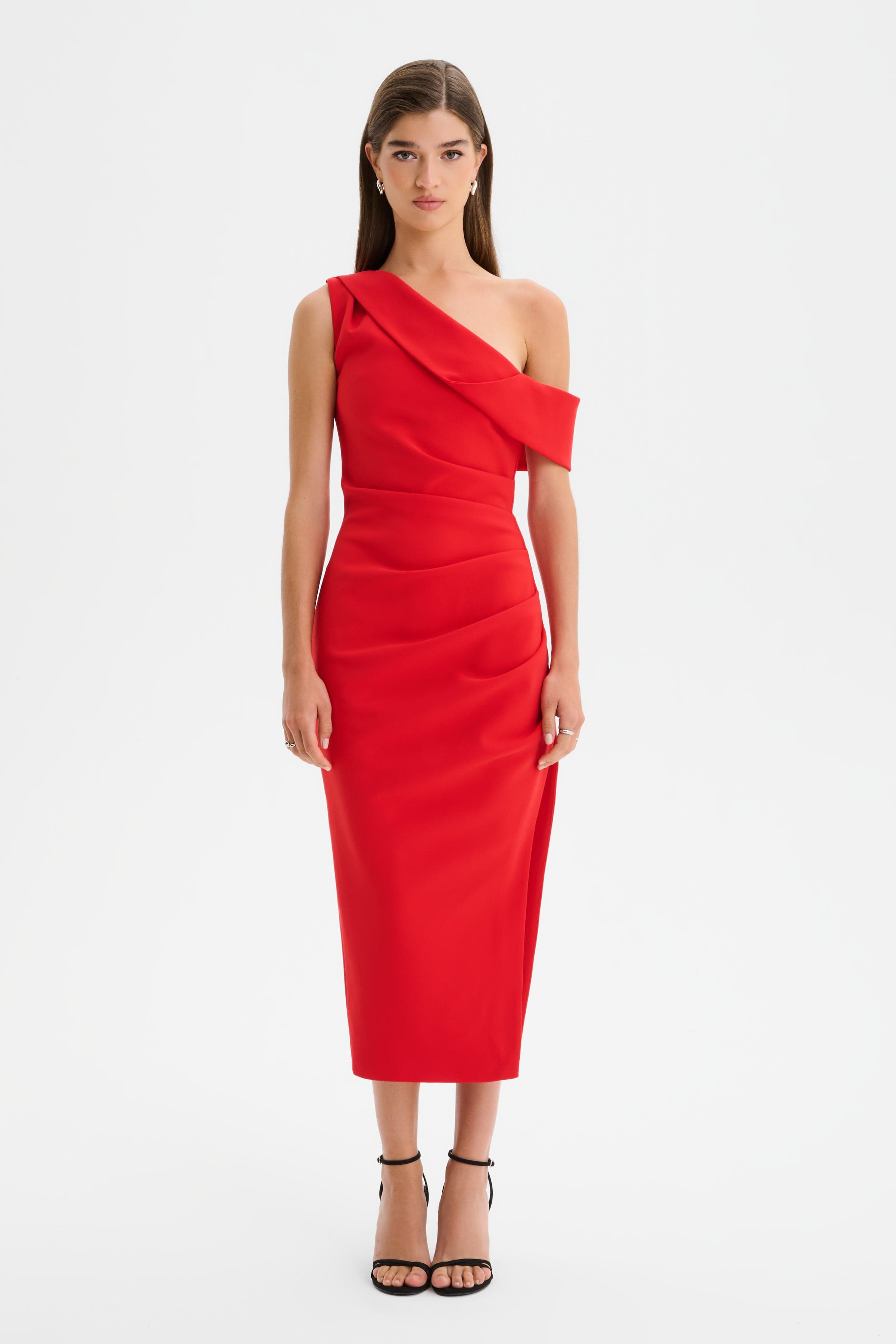 LINA One Shoulder Pleated Midi Dress in Red