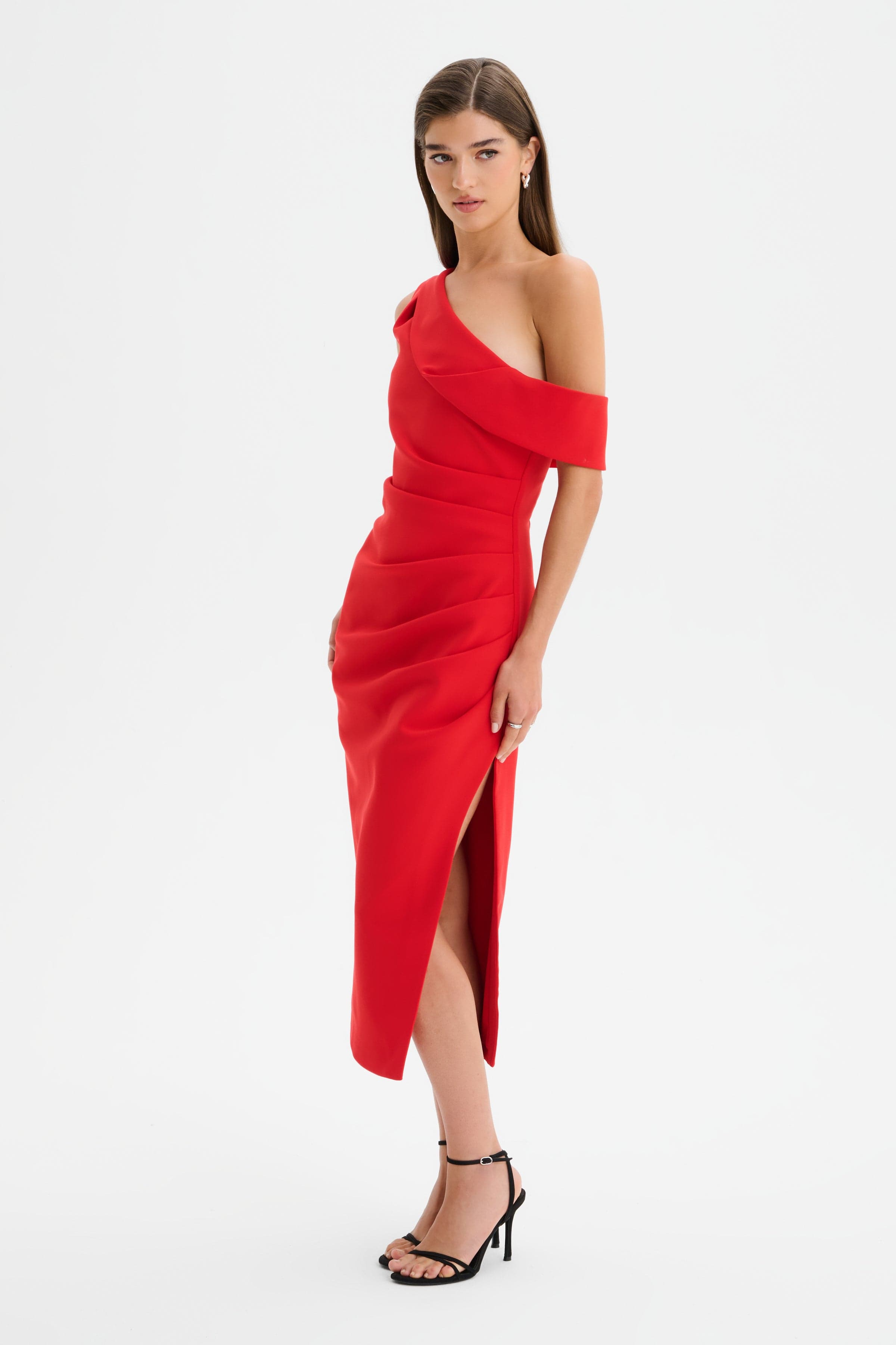 LINA One Shoulder Pleated Midi Dress in Red