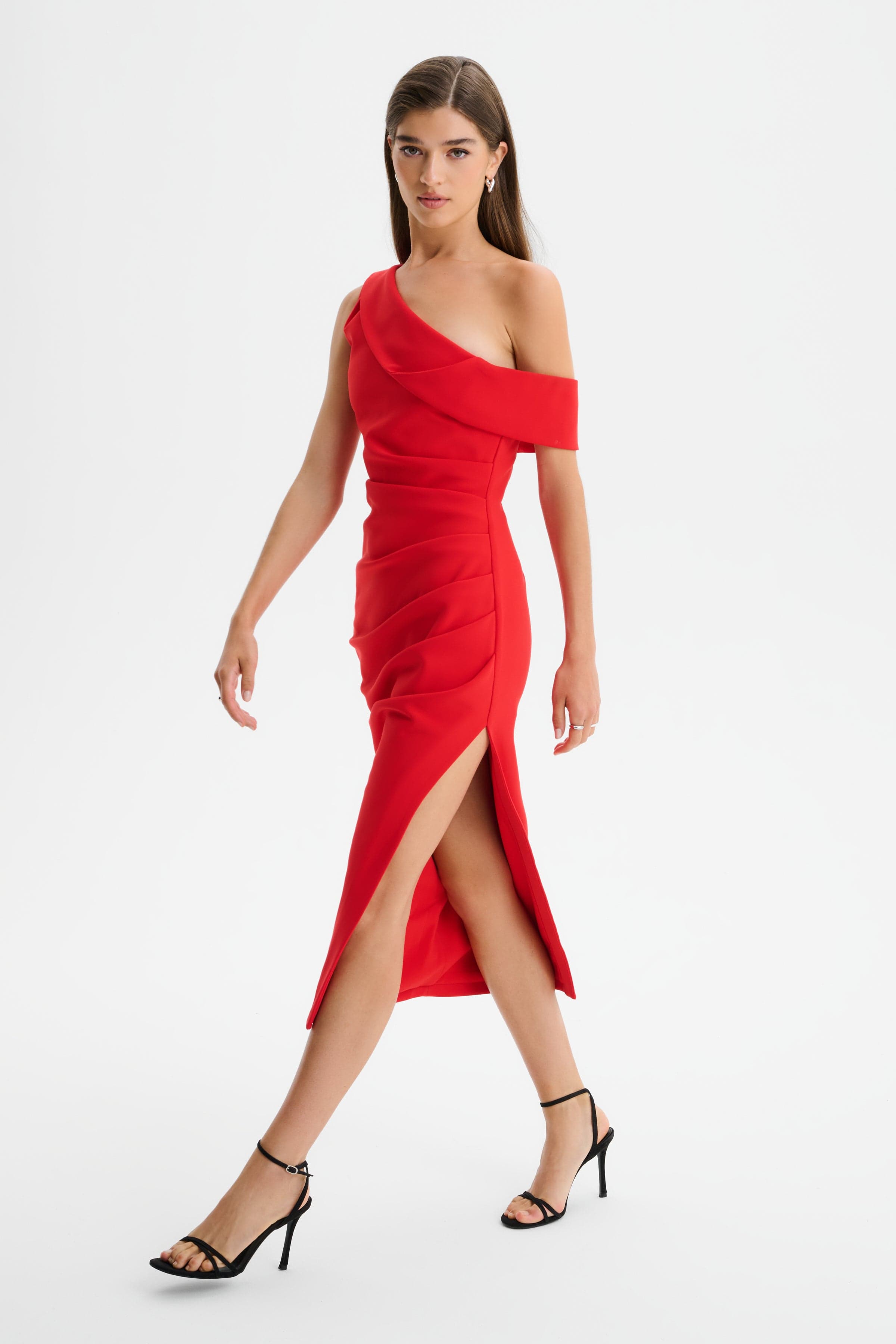 LINA One Shoulder Pleated Midi Dress in Red