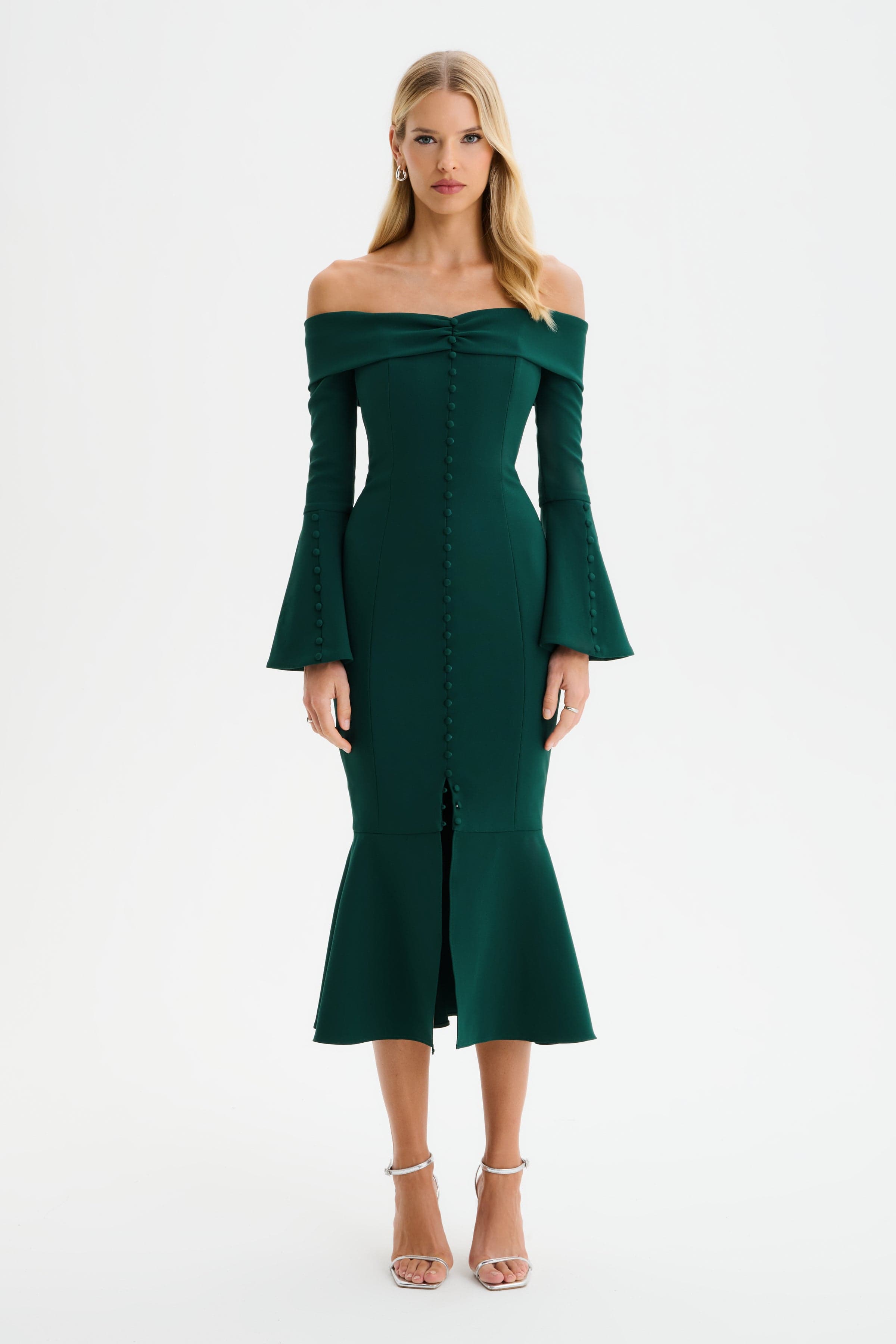 CIARA Off Shoulder Micro Button Midi Dress in Emerald Green