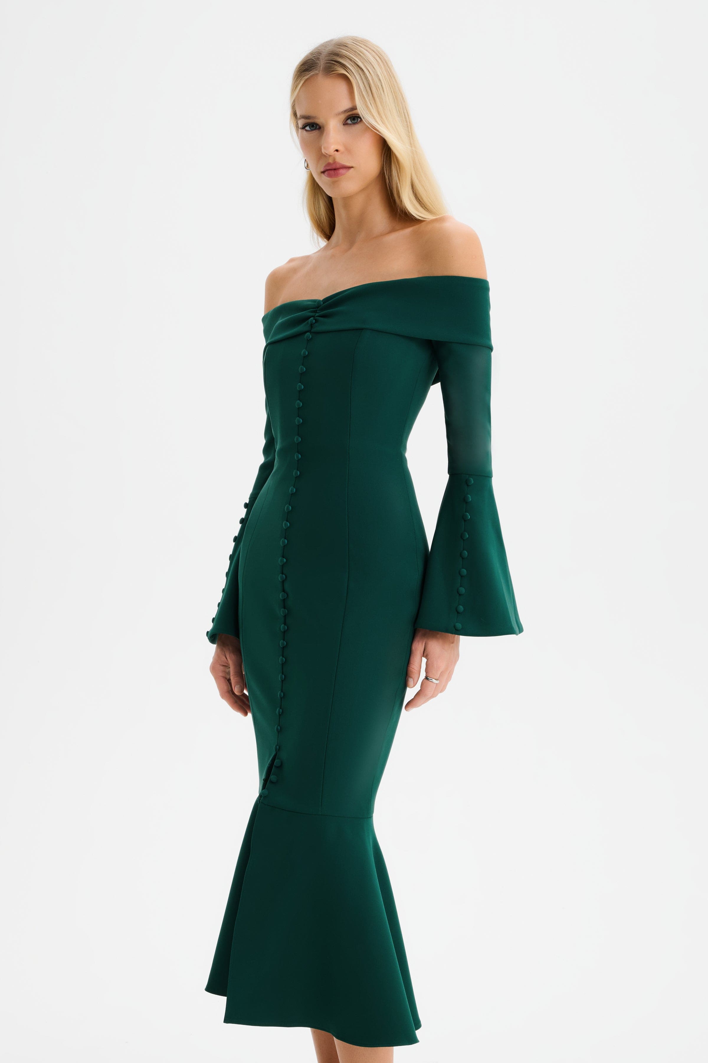 CIARA Off Shoulder Micro Button Midi Dress in Emerald Green