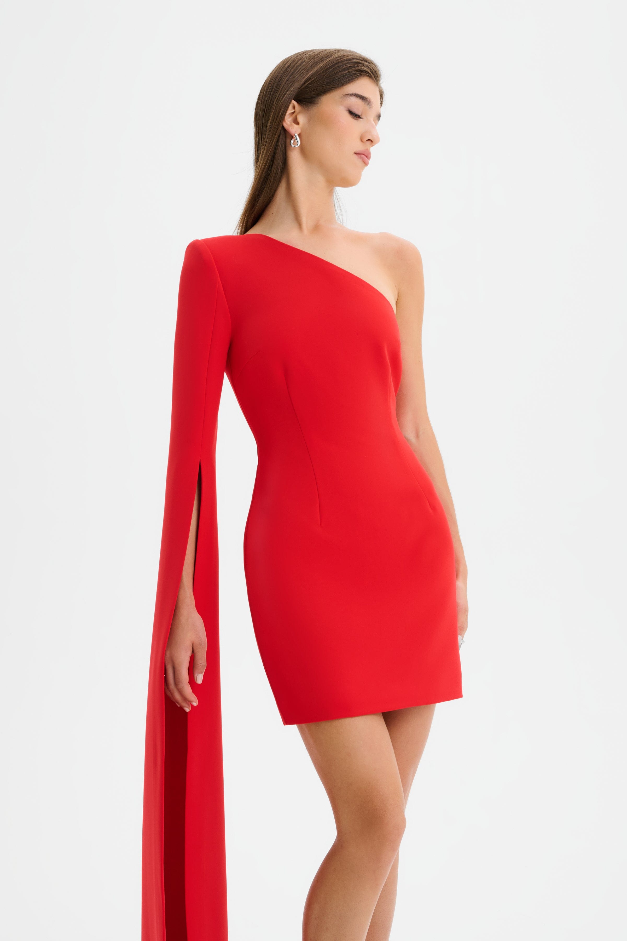 KATIE One Shoulder Cape Sleeve Mini Dress in Red