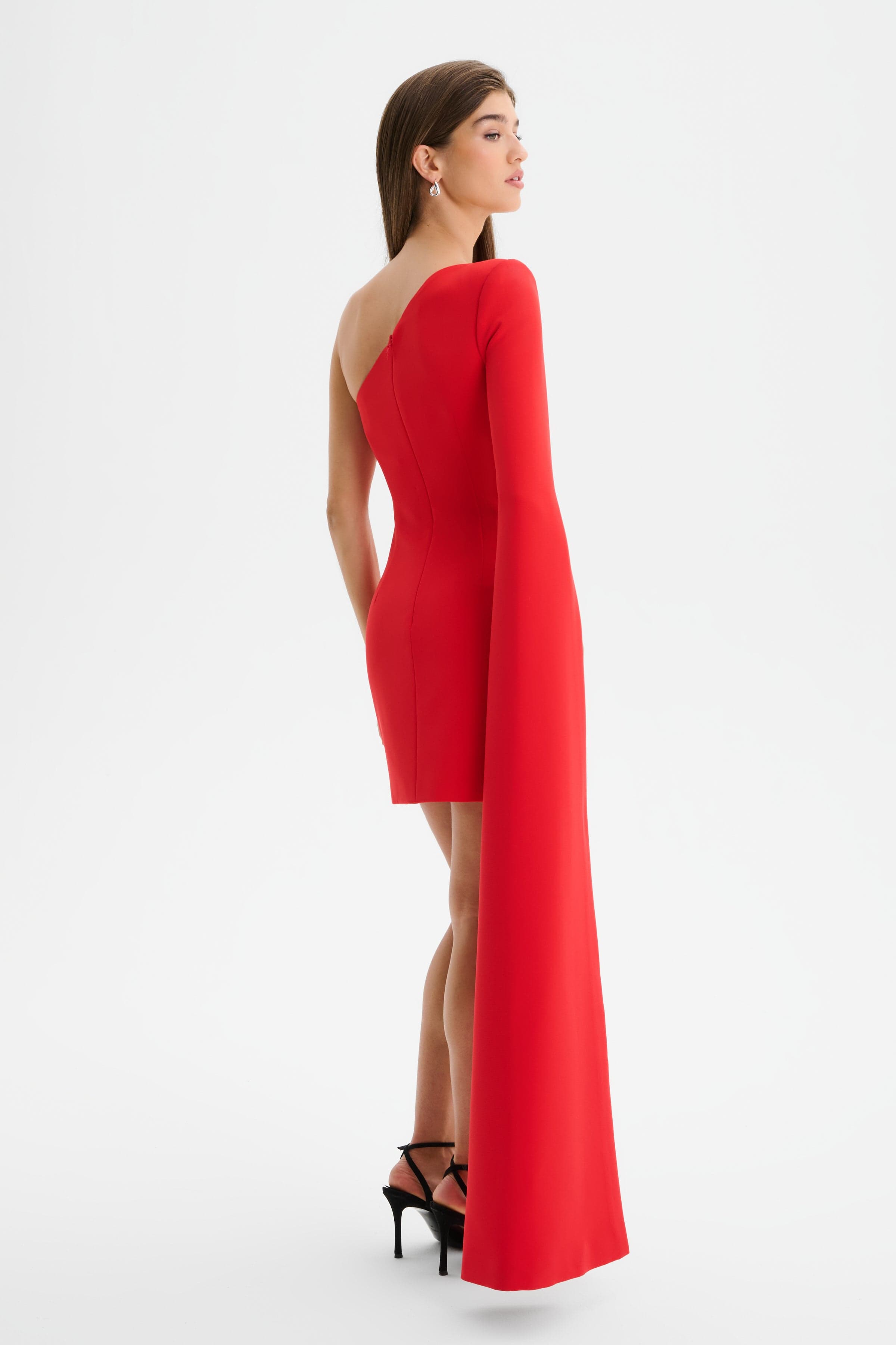 KATIE One Shoulder Cape Sleeve Mini Dress in Red