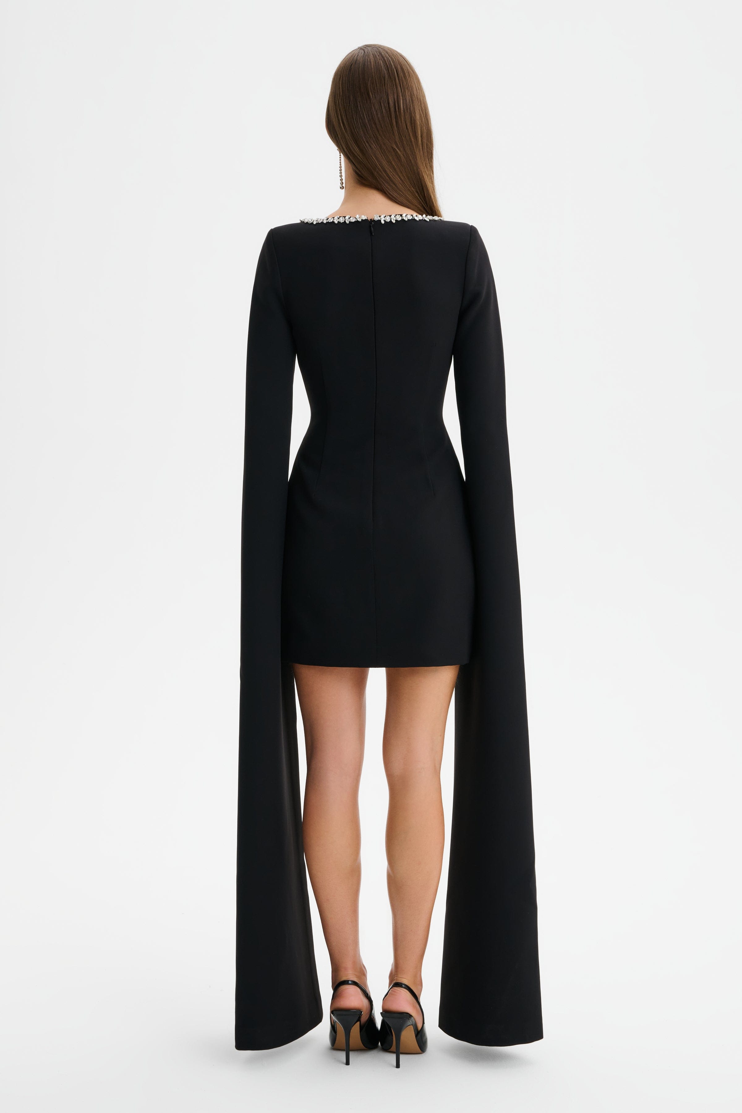 TILLY Square Neck Embellished Cape Sleeve Mini Dress in Black