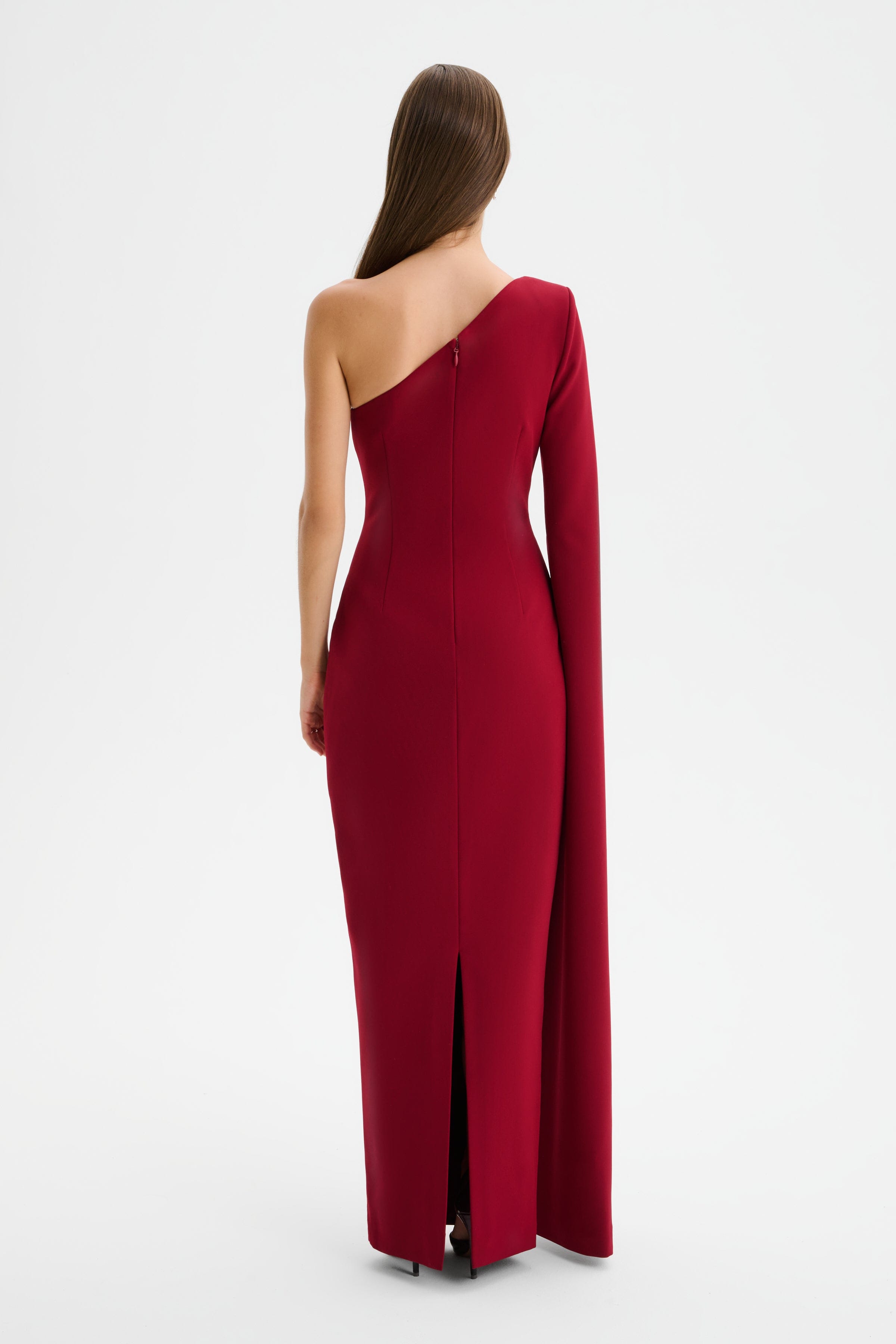 PHOEBE One Shoulder Cape Sleeve Maxi Dress in Burgundy