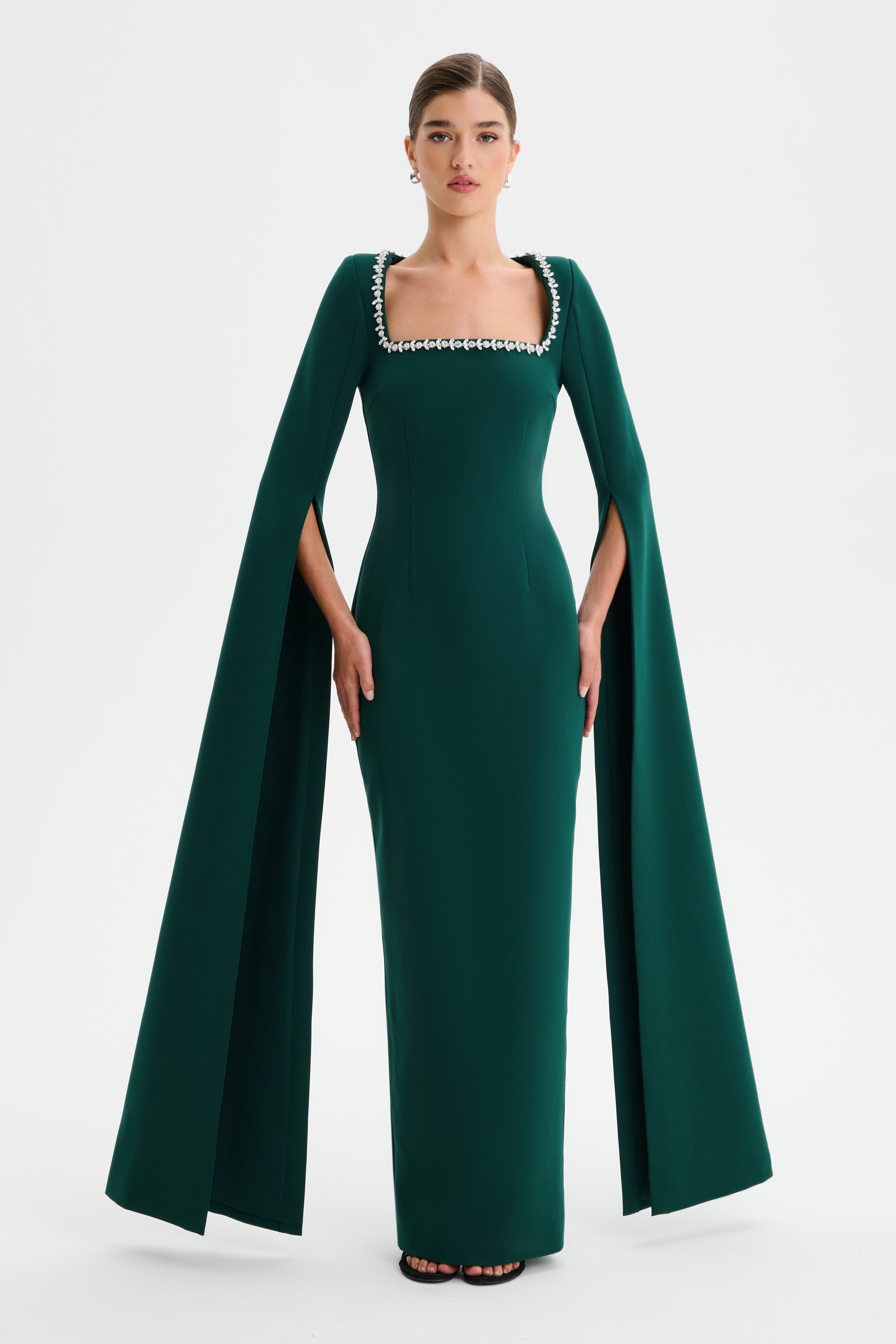 GRACE Square Neck Embellished Cape Sleeve Maxi Dress in Emerald Green