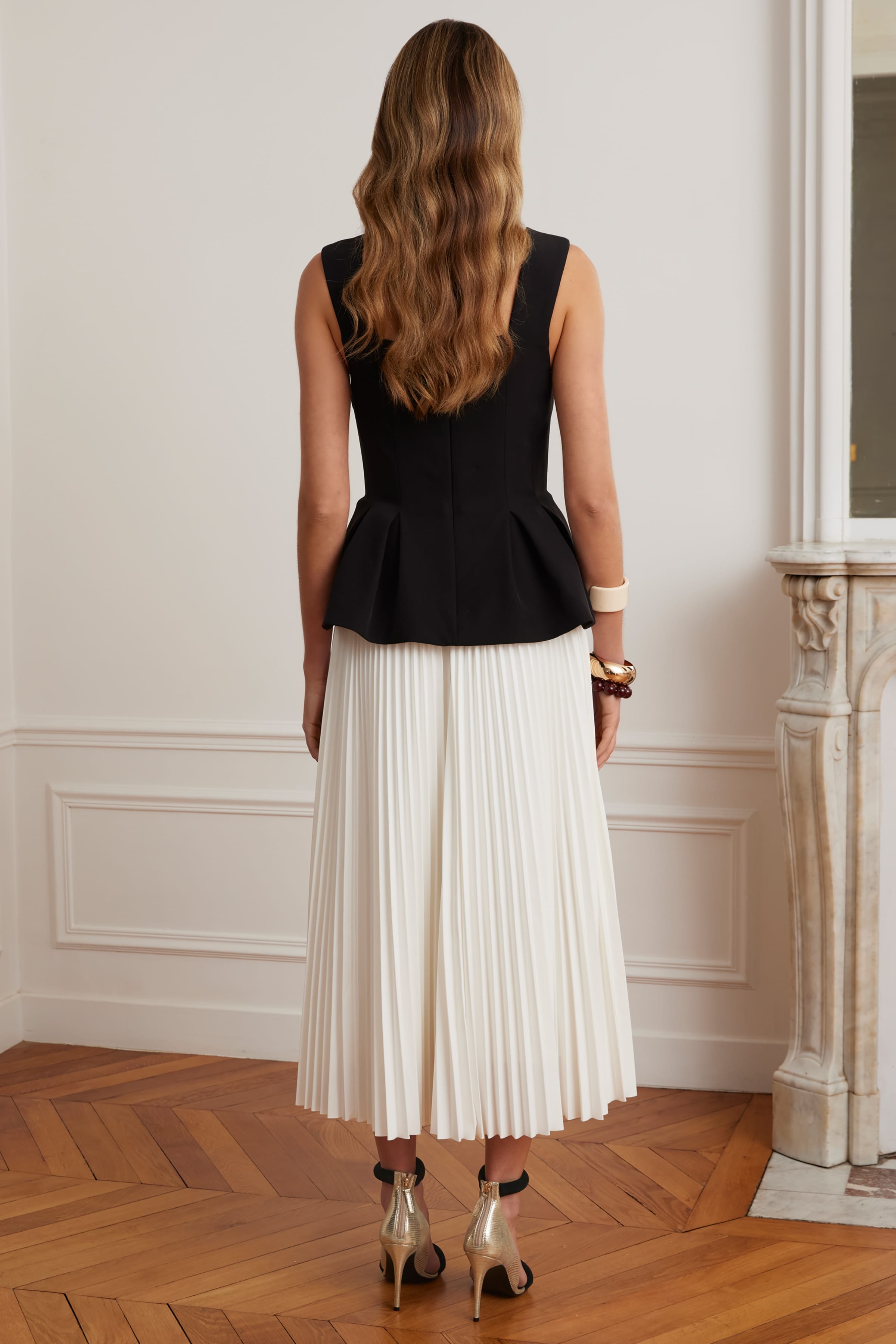LANA Square Neck Peplum And Pleated Skirt Midi Dress In Black And White