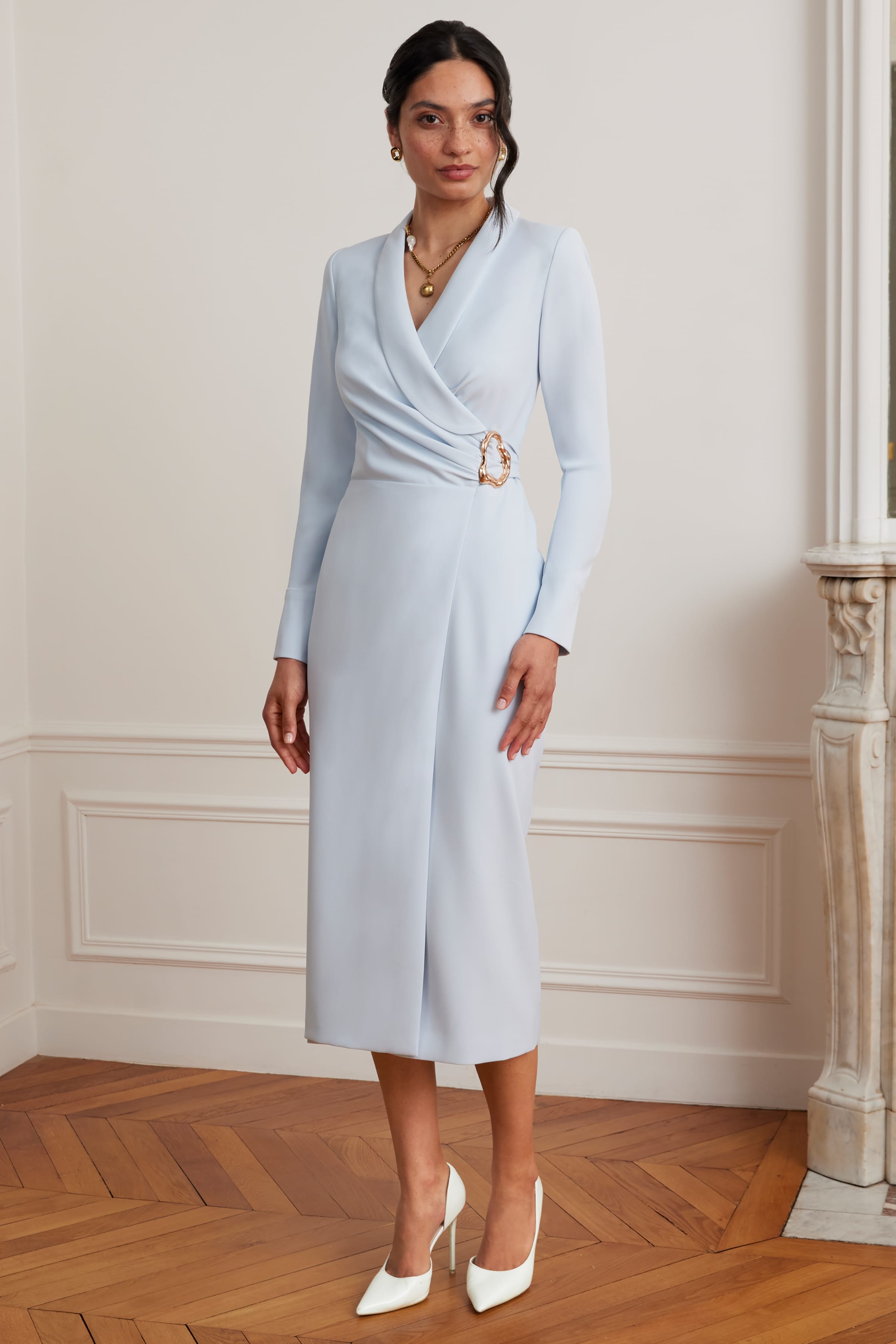 LILIANNE True Wrap Shirt Midi Dress With Gold Hardware In Powder Blue