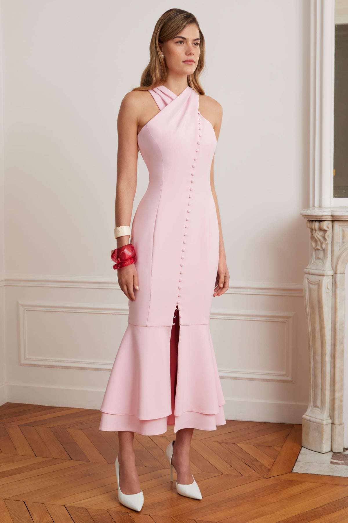 ALTHEA Halter Neck Midi Dress in Pink