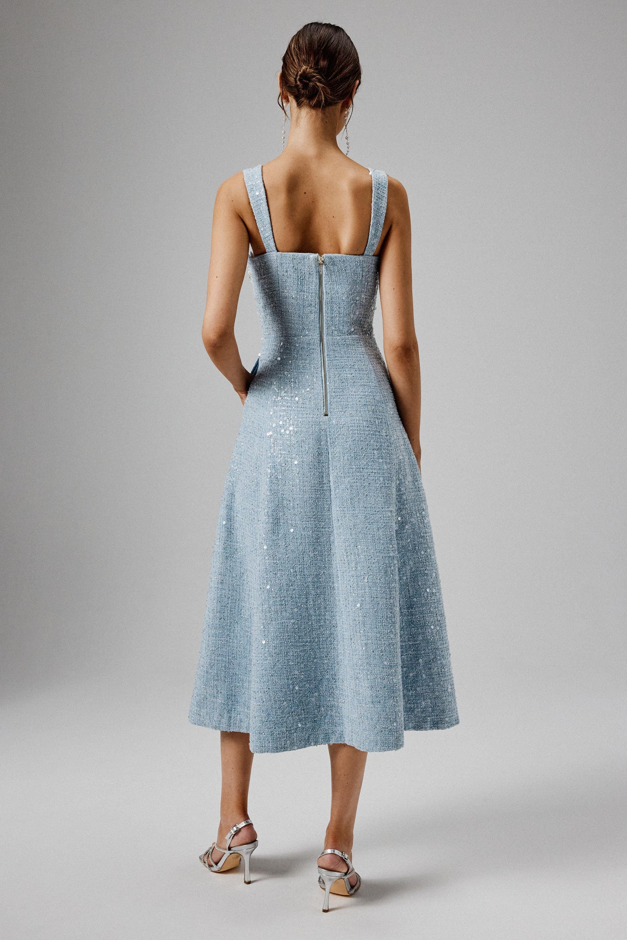 KIRA Pearl Embellished Boucle A Line Midi Dress in Blue