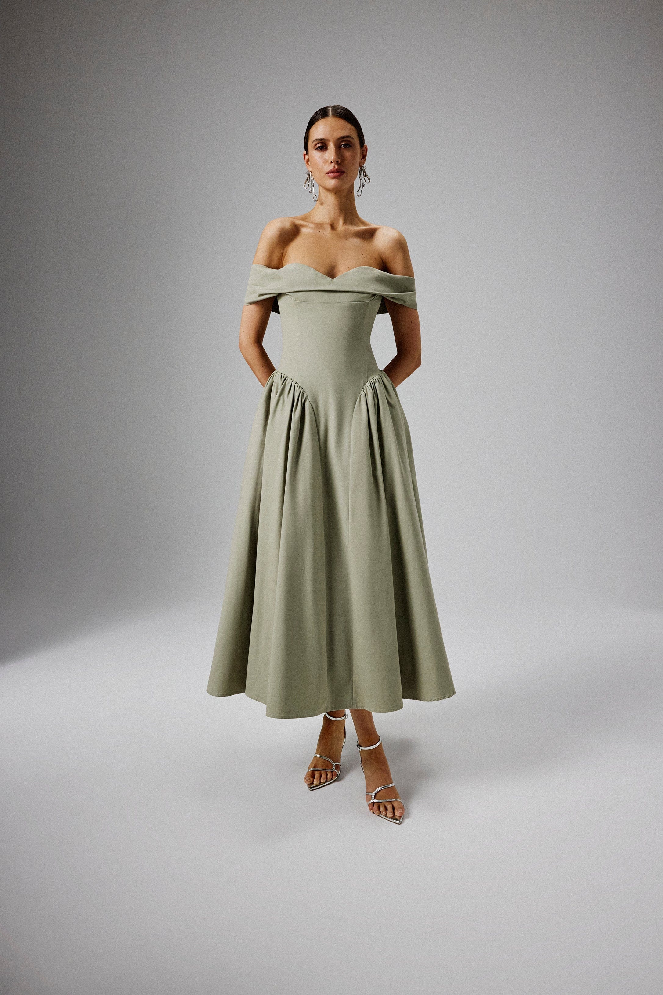 EMILY Off Shoulder Volumed Flared Sun Midi Dress in Sage Green