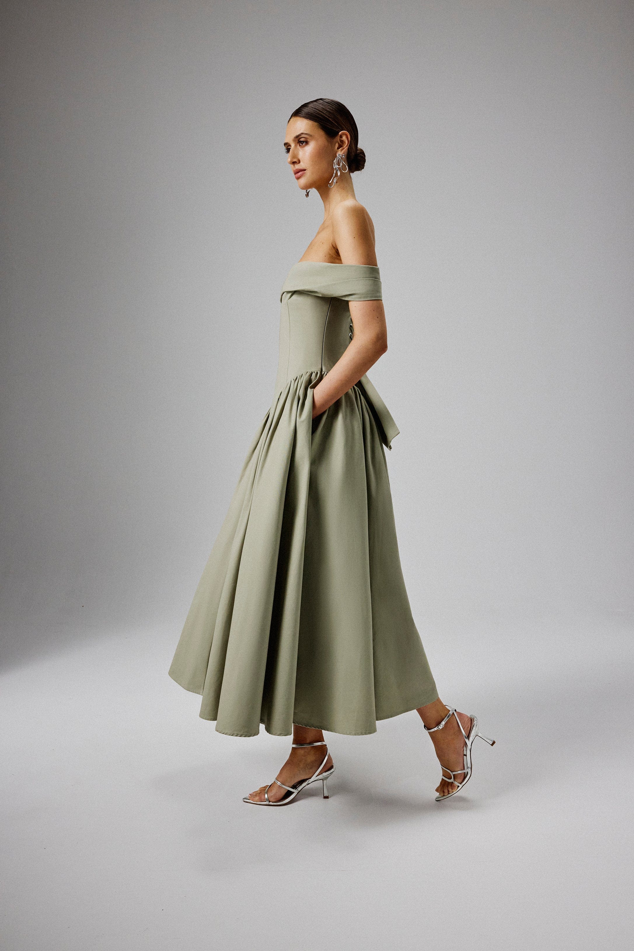EMILY Off Shoulder Volumed Flared Sun Midi Dress in Sage Green