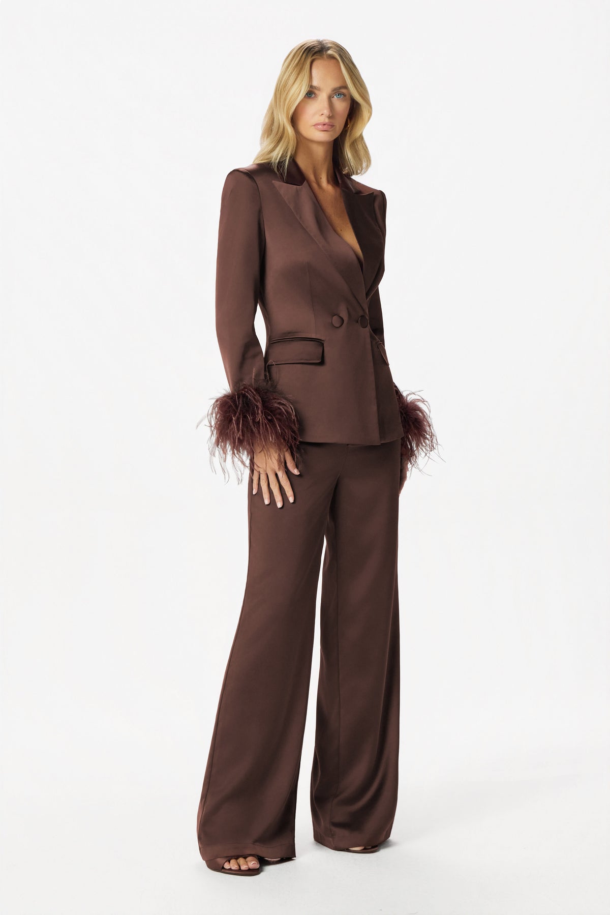 ELLIE Wide Leg Satin Trousers in Dark Brown