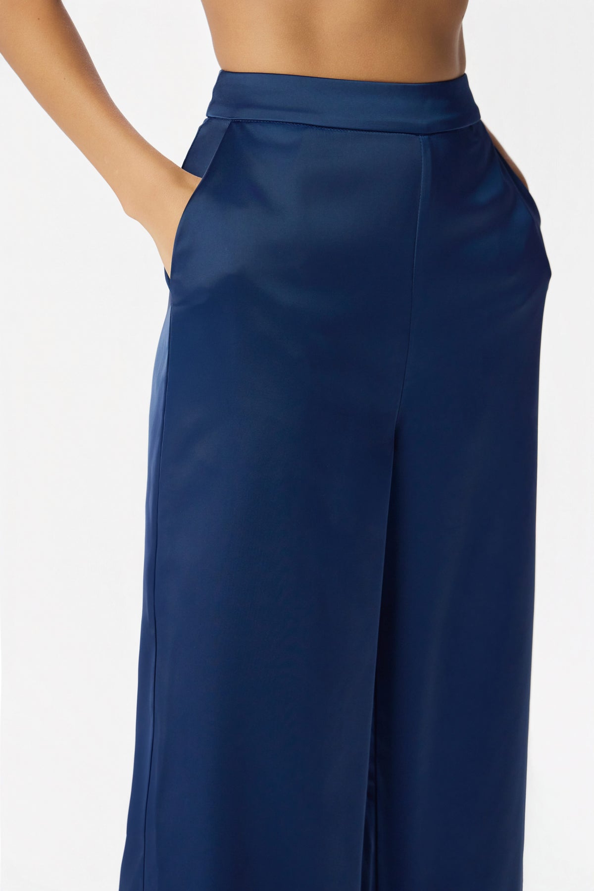 ELLIE Wide Leg Satin Trousers in Navy