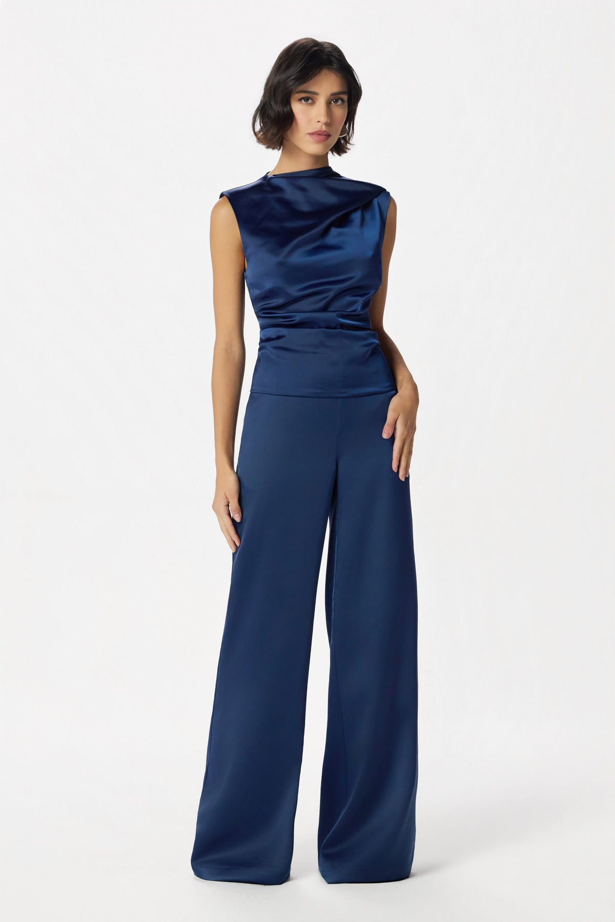 ELLIE Wide Leg Satin Trousers in Navy