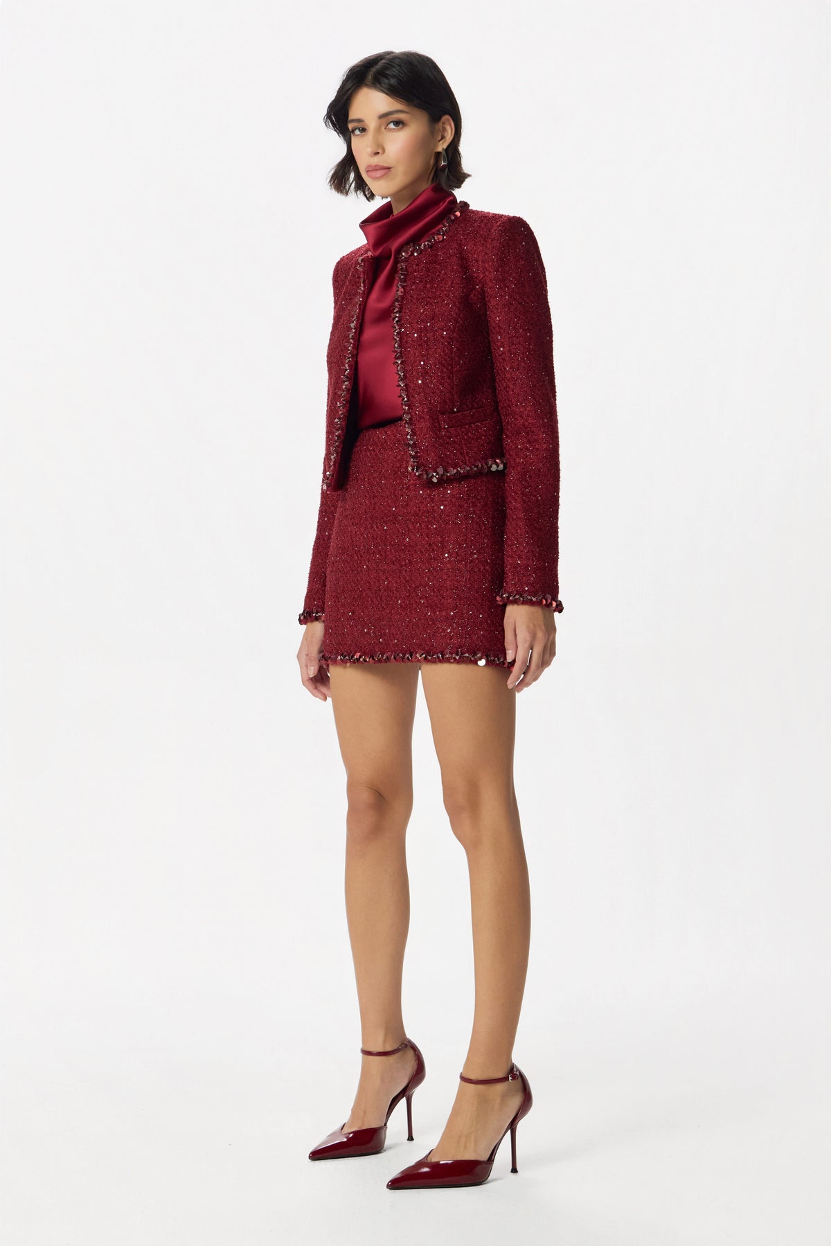 HATTIE Embellished Boucle Jacket in Burgundy