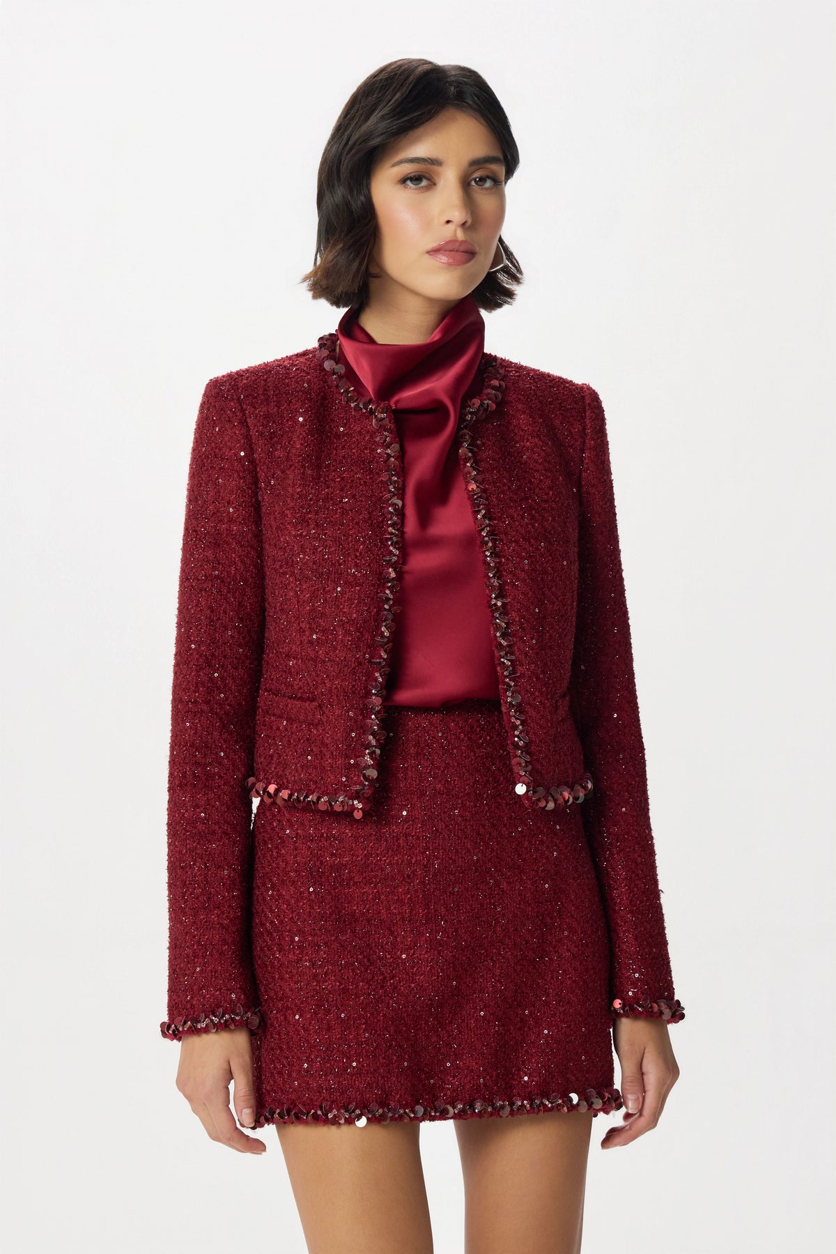 HATTIE Embellished Boucle Jacket in Burgundy