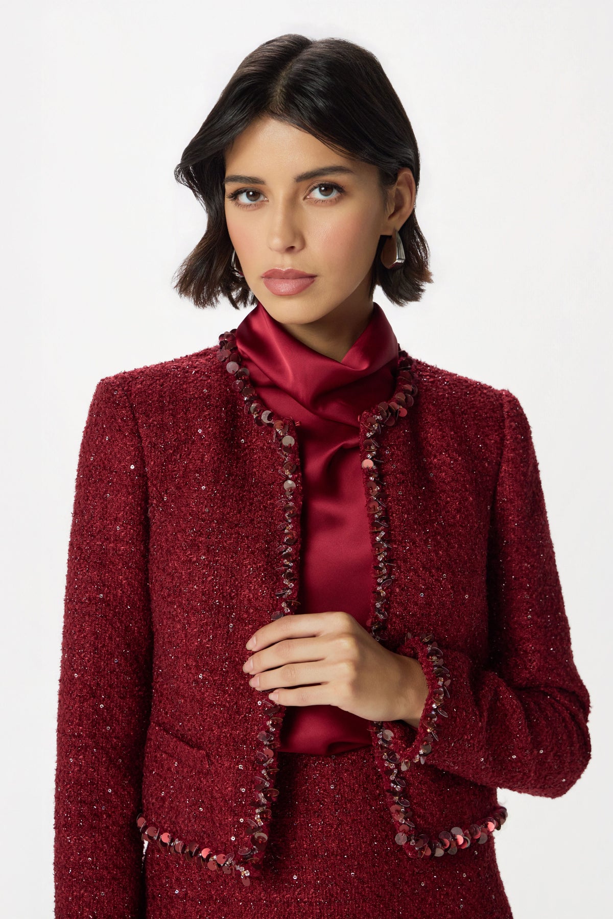 HATTIE Embellished Boucle Jacket in Burgundy