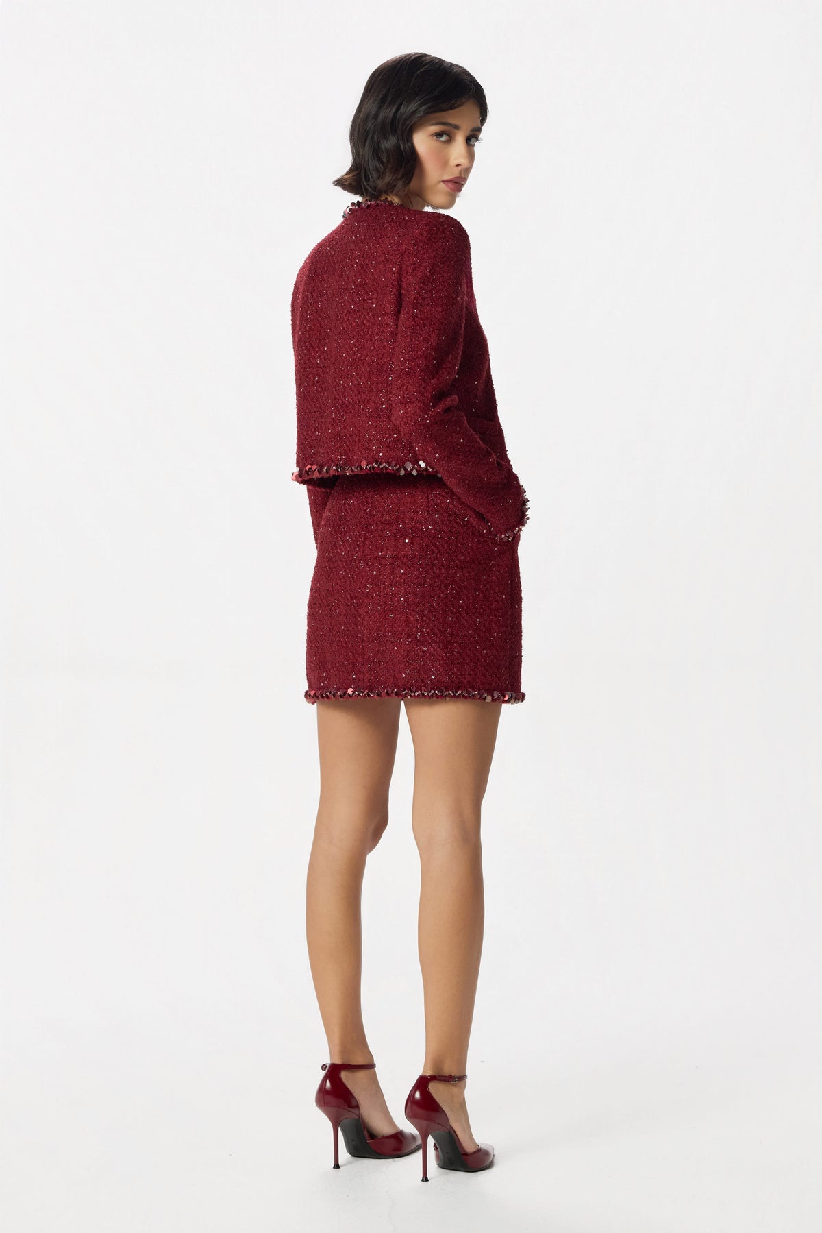 HATTIE Embellished Boucle Jacket in Burgundy