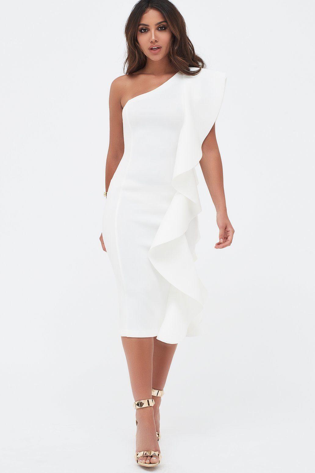 One Shoulder Scuba Exaggerated Frill Midi Dress in White - Lavish Alice