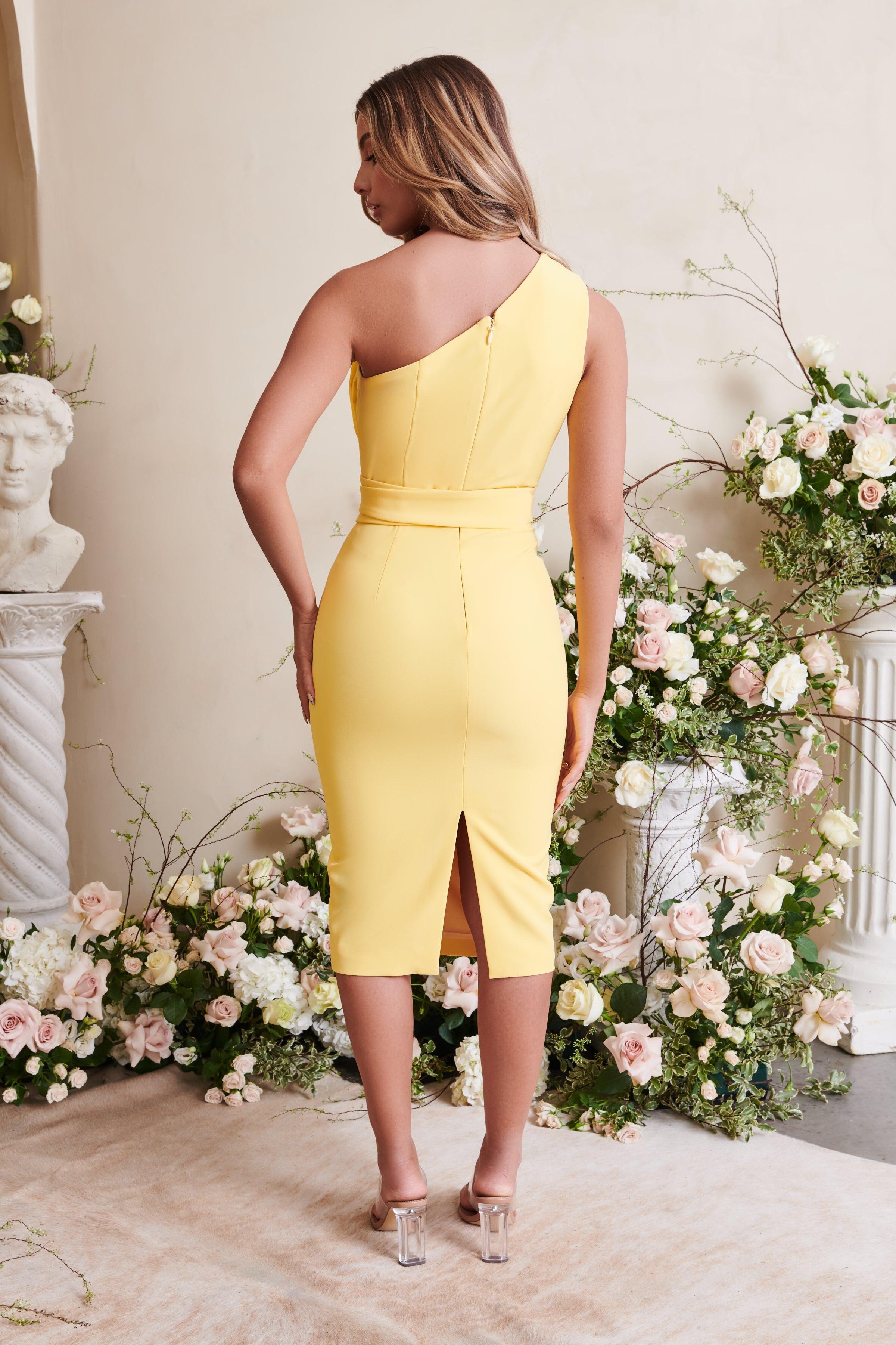 One Shoulder Bow Detail Midi Dress In Yellow - Lavish Alice
