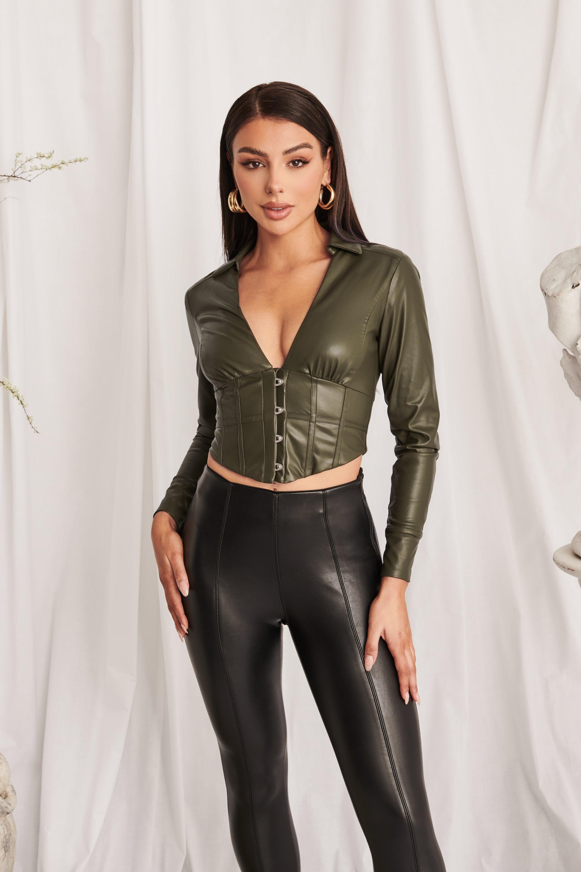 SAVANNAH Vegan Leather Shirt With Corset Detail in Khaki - Lavish Alice