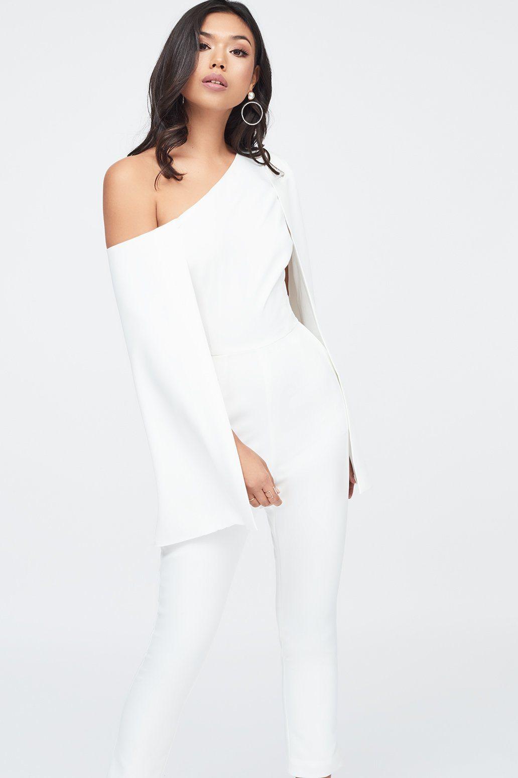 One Shoulder Cape Jumpsuit in White - Lavish Alice