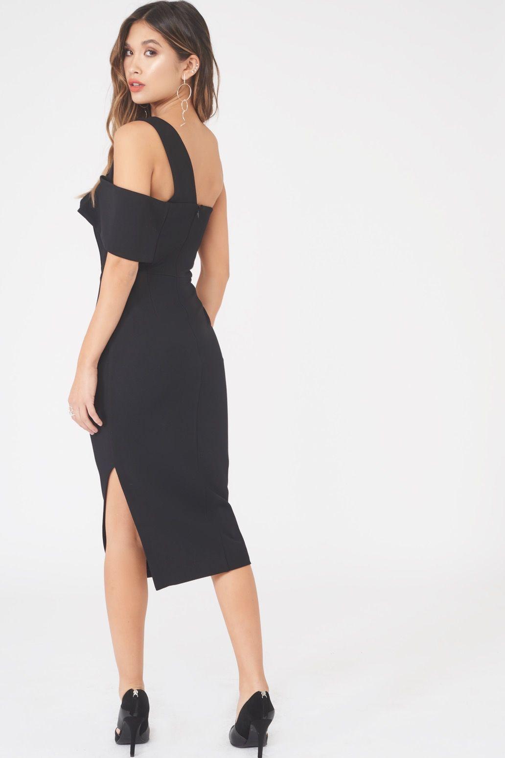 One Shoulder Detail Midi Dress in Black - Lavish Alice