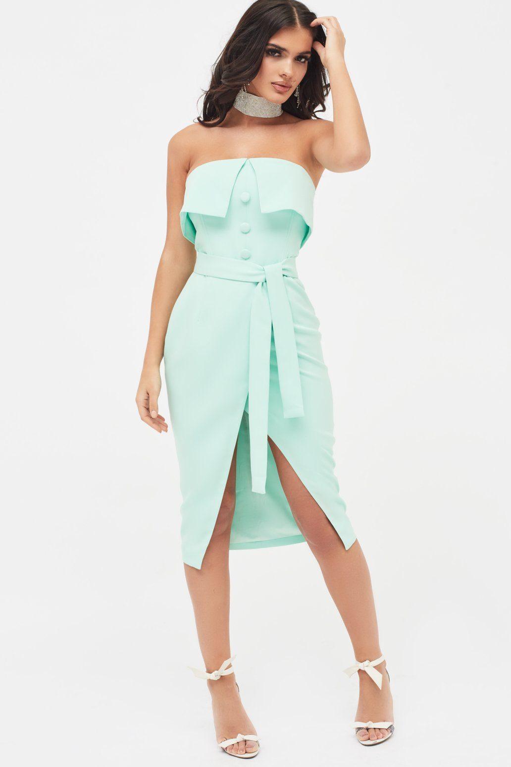 KEHLANI Double Layer Bandeau Wrap Midi Dress in Mint Green - Lavish Alice
