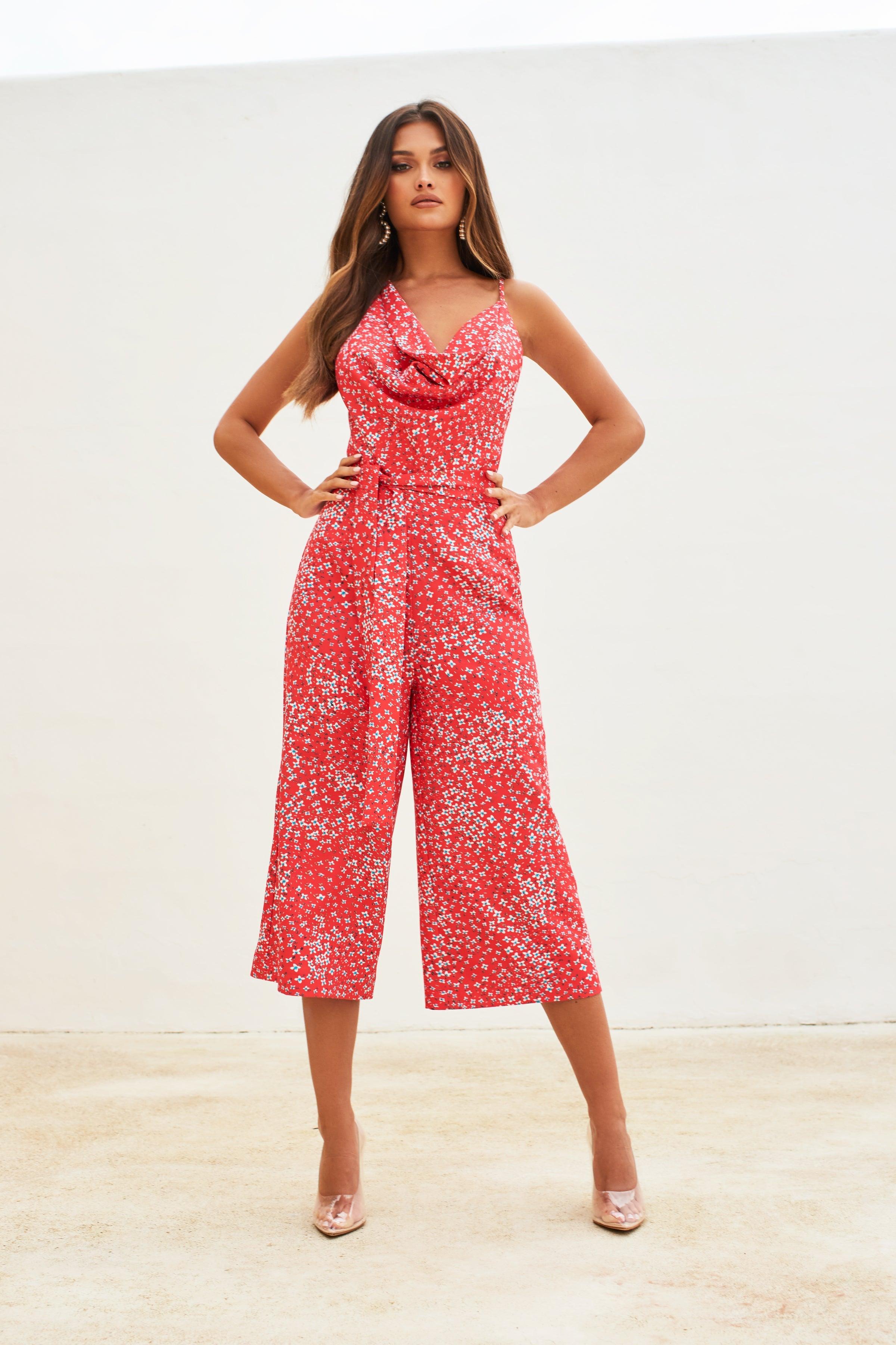Cowl Neck Culotte Jumpsuit in Coral Floral Print - Lavish Alice