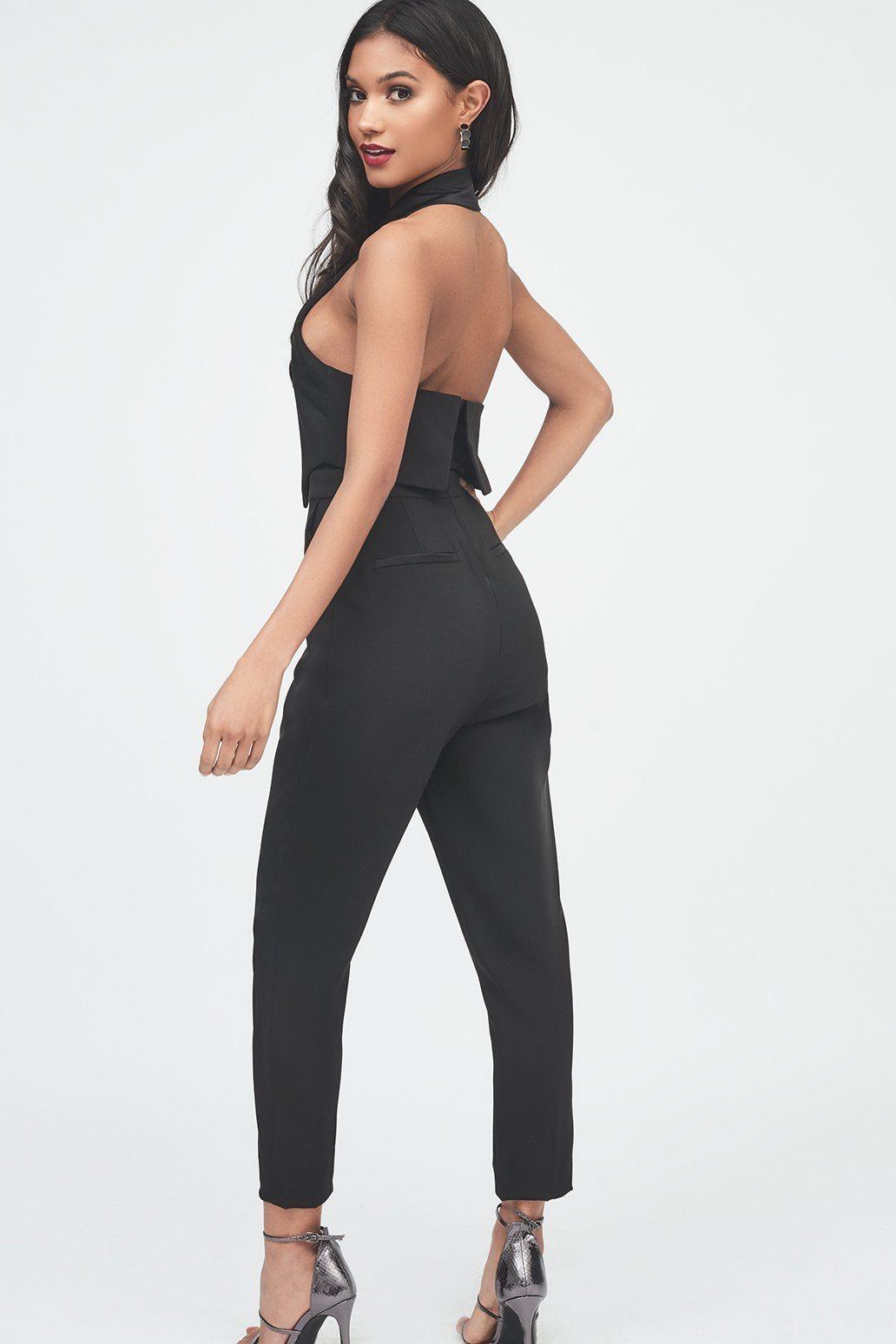 Double Layer Tuxedo Jumpsuit with Satin Lapel in Black - Lavish Alice