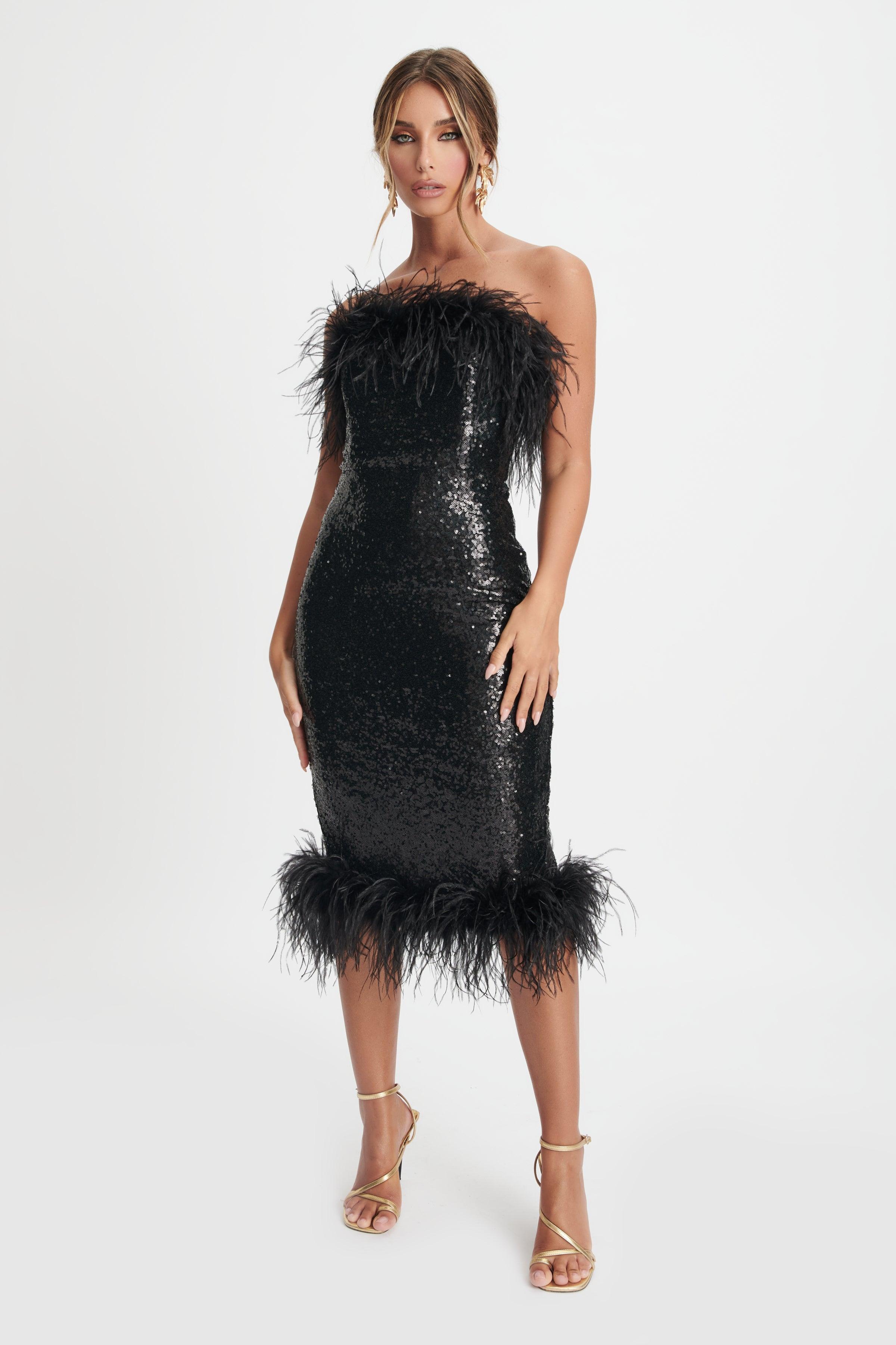 SOPHIA Bandeau Midi Dress With Feather Trim In Black Sequin - Lavish Alice