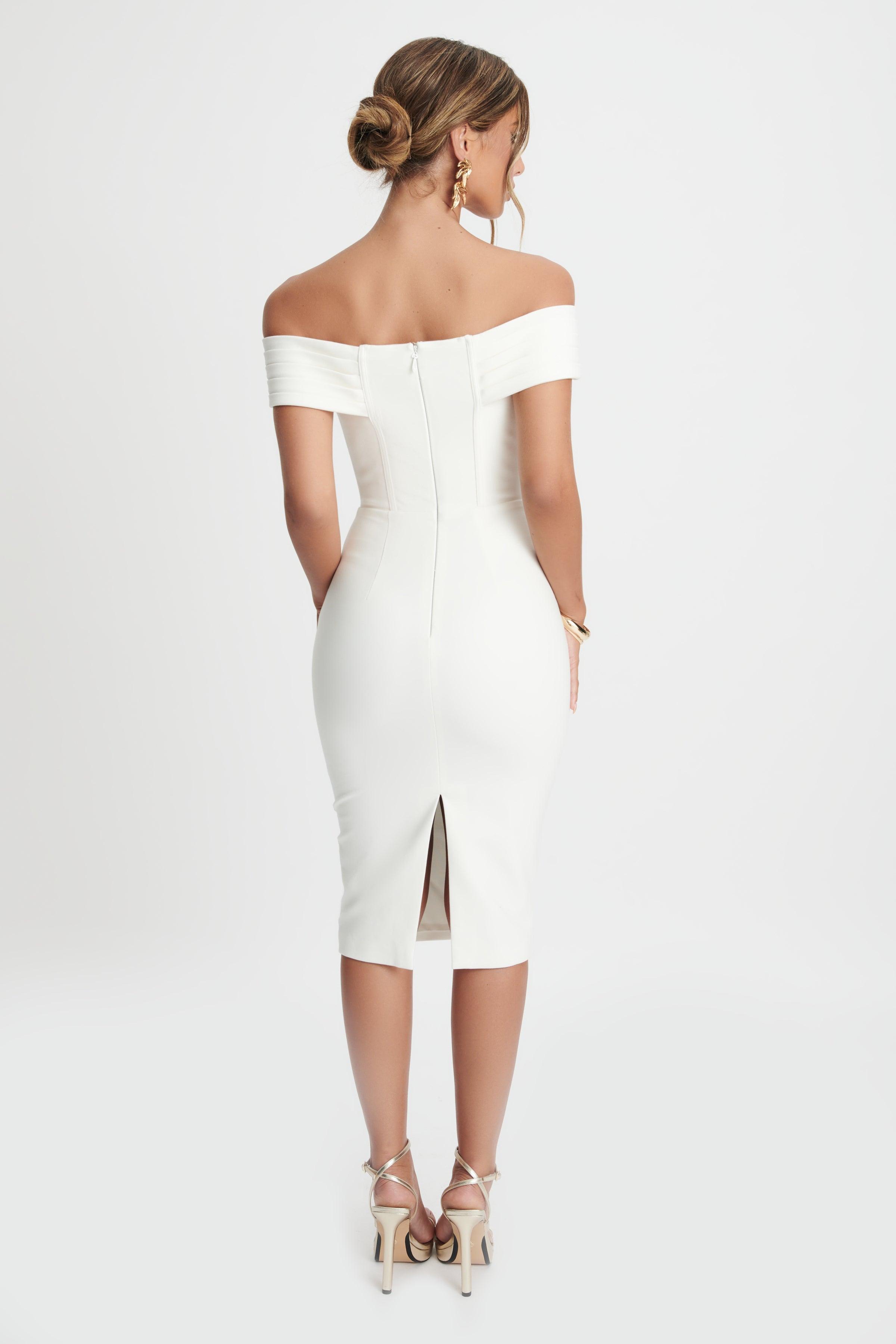 AMY Pleated Off Shoulder Corset Midi Dress In White - Lavish Alice